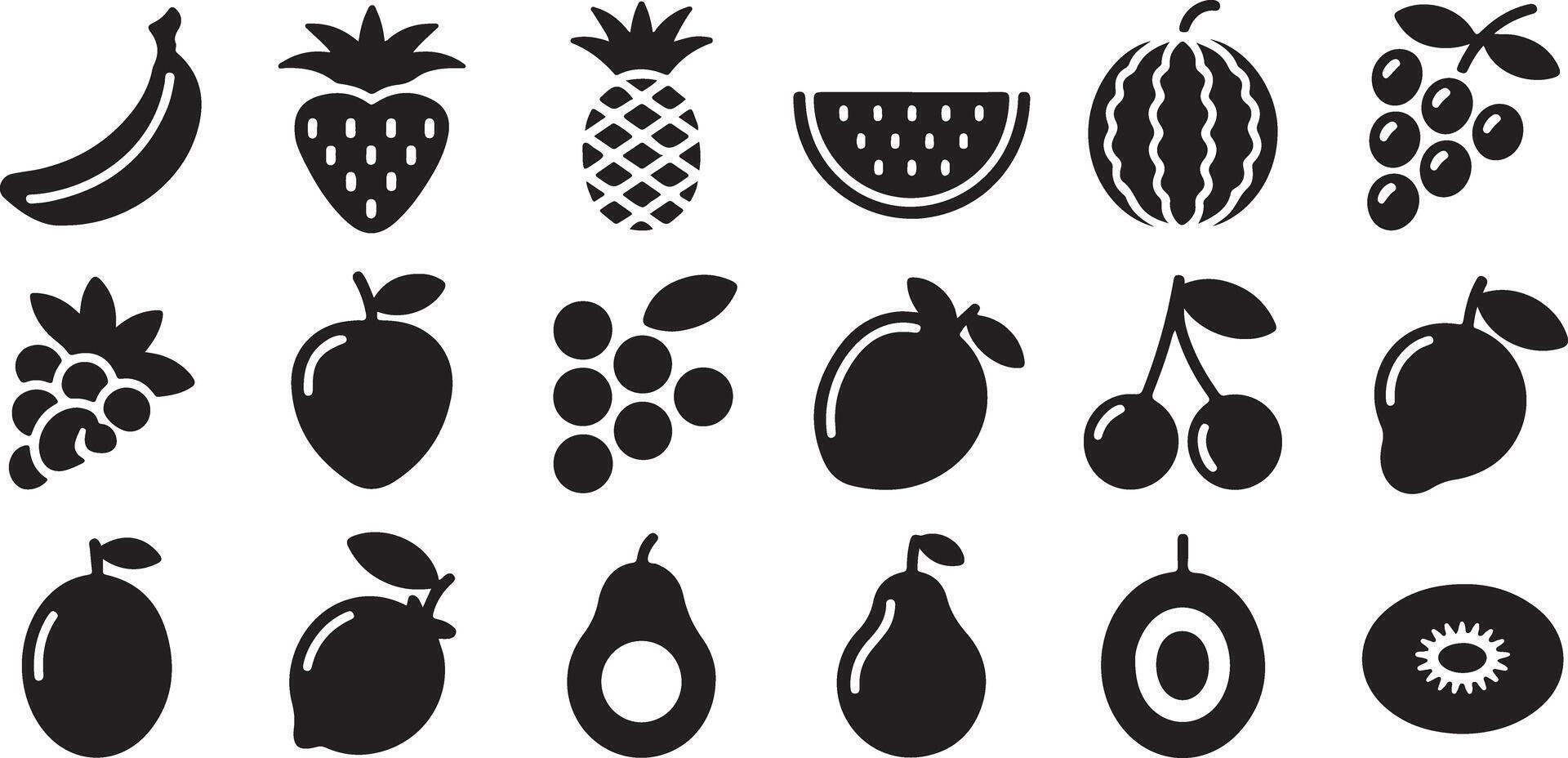 Black and White Glyph Icon Set of Various Fruits Including Banana Strawberry Pineapple Watermelon Grapes Mango Cherry Lemon Lime Pear Avocado Kiwi vector