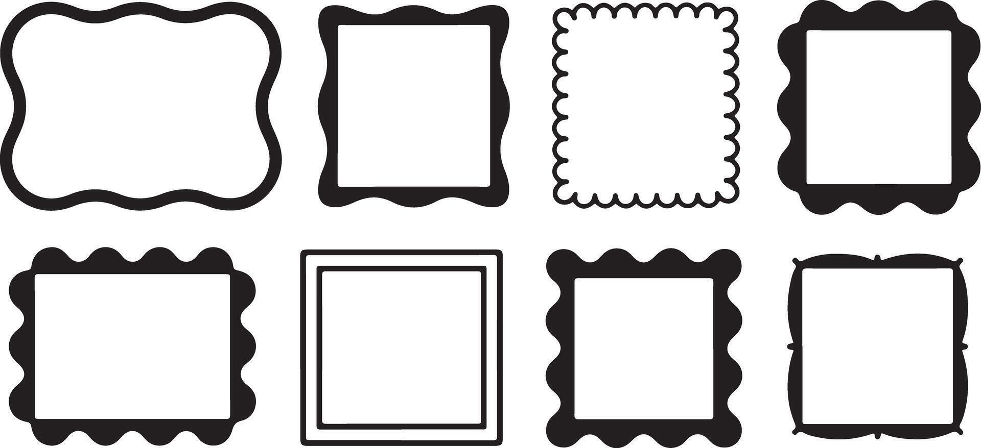 Eight Black Rectangular Frames with Varied Wavy Scalloped Edges Set on White Background Simple Line Art Design Elements vector