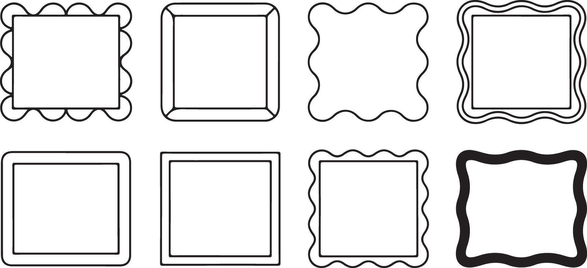 Eight Black Outline Rectangle Frames with Varied Wavy and Straight Edges Set Isolated on White Background Simple Geometric Border Templates for Design vector