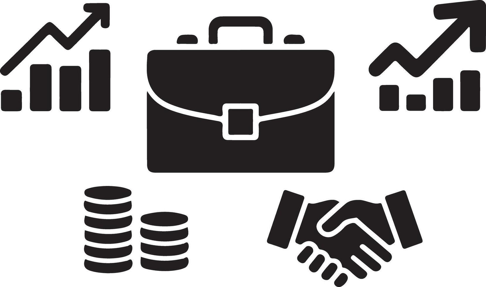 Black glyph icons set depicting a briefcase surrounded by upward trending bar graphs stacks of coins and a handshake symbolizing business success vector