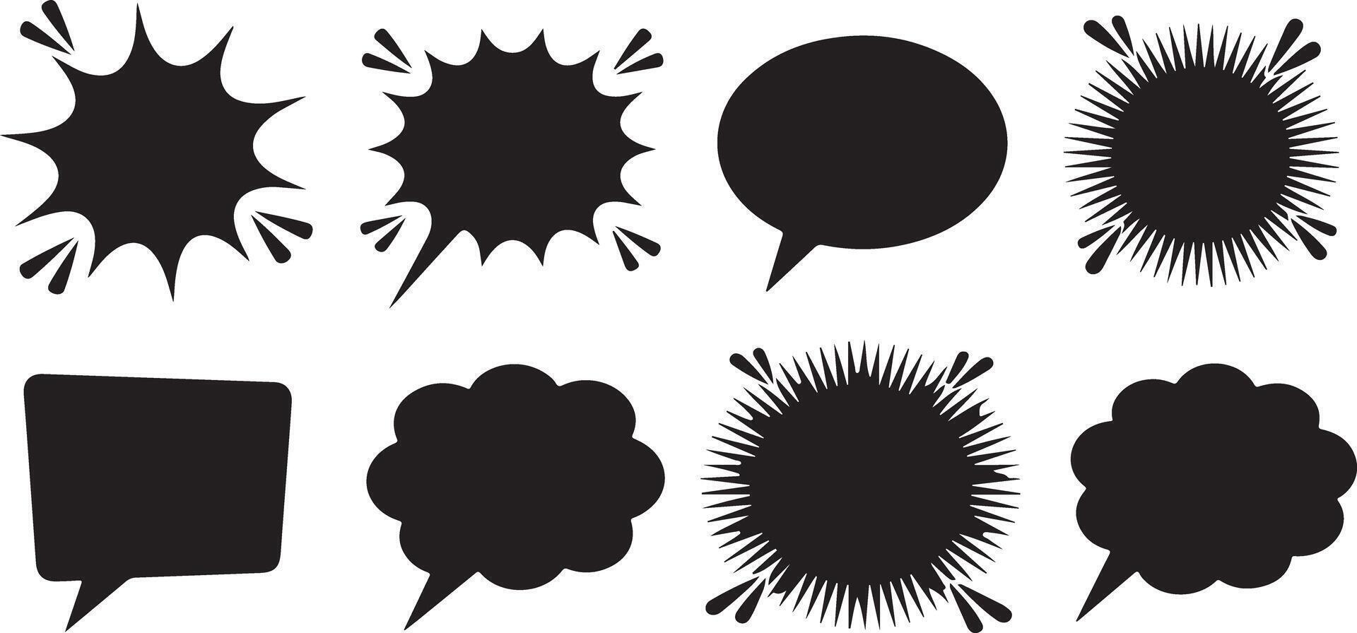 Eight Black Silhouettes of Speech Bubbles and Starburst Shapes on White Background Collection of Graphic Design Elements for Comics and Text vector