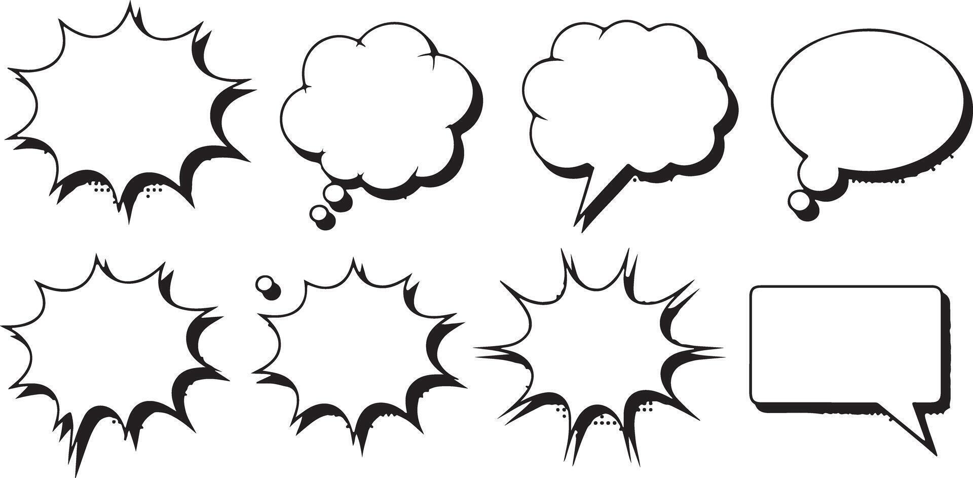 Eight Black and White Comic Book Style Speech Bubbles and Thought Bubbles Silhouettes Set Isolated on White Background vector