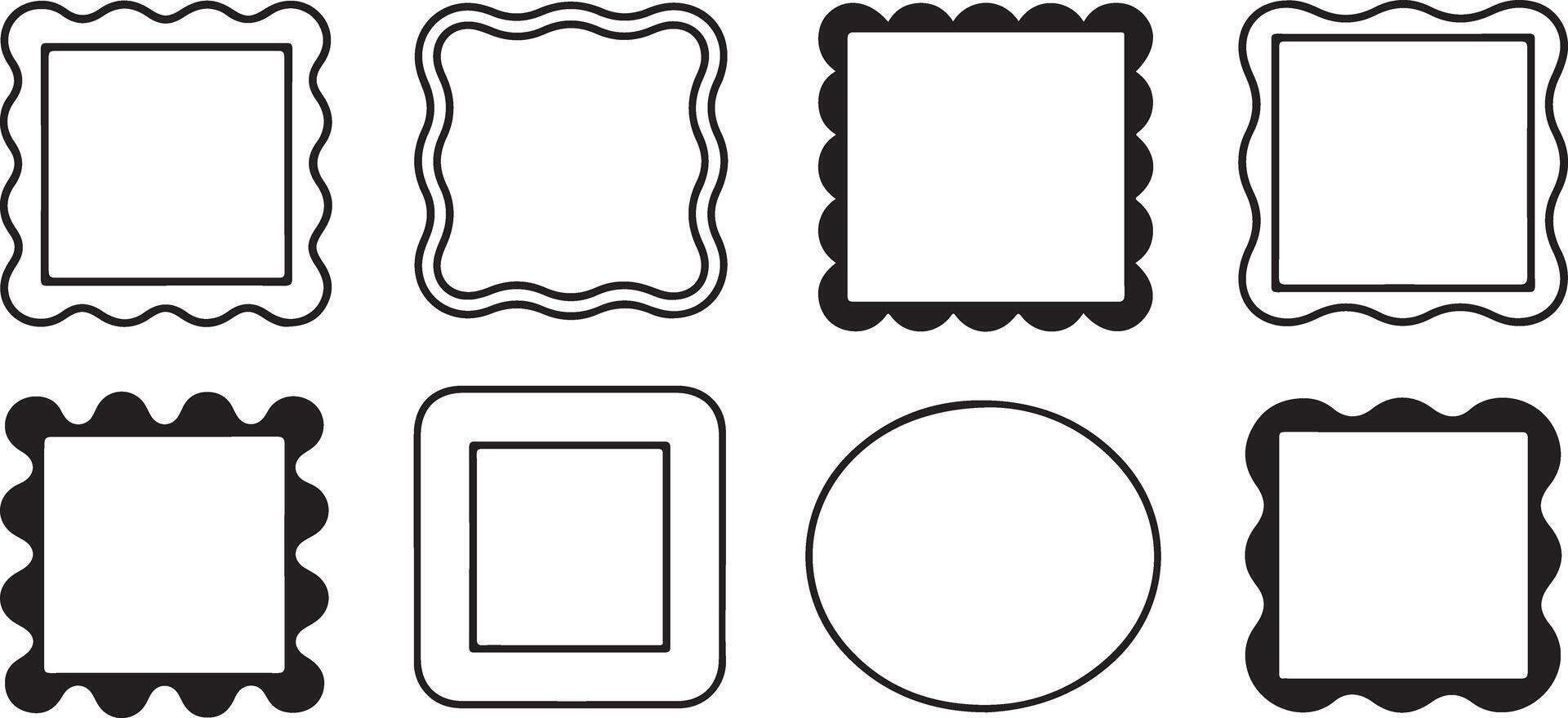 Eight Black and White Rectangle Frames with Wavy and Scalloped Edges Set of Blank Square and Round Borders Simple Geometric Shapes for Design Templates vector