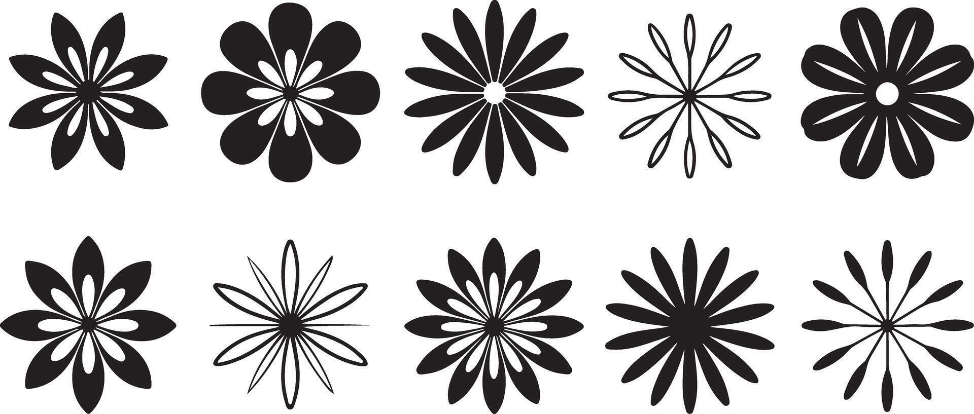 Set of Sixteen Black and White Traced Floral Designs Various Flower Shapes and Sizes Simple Line Art Botanical Illustrations Monochrome Flower Set vector