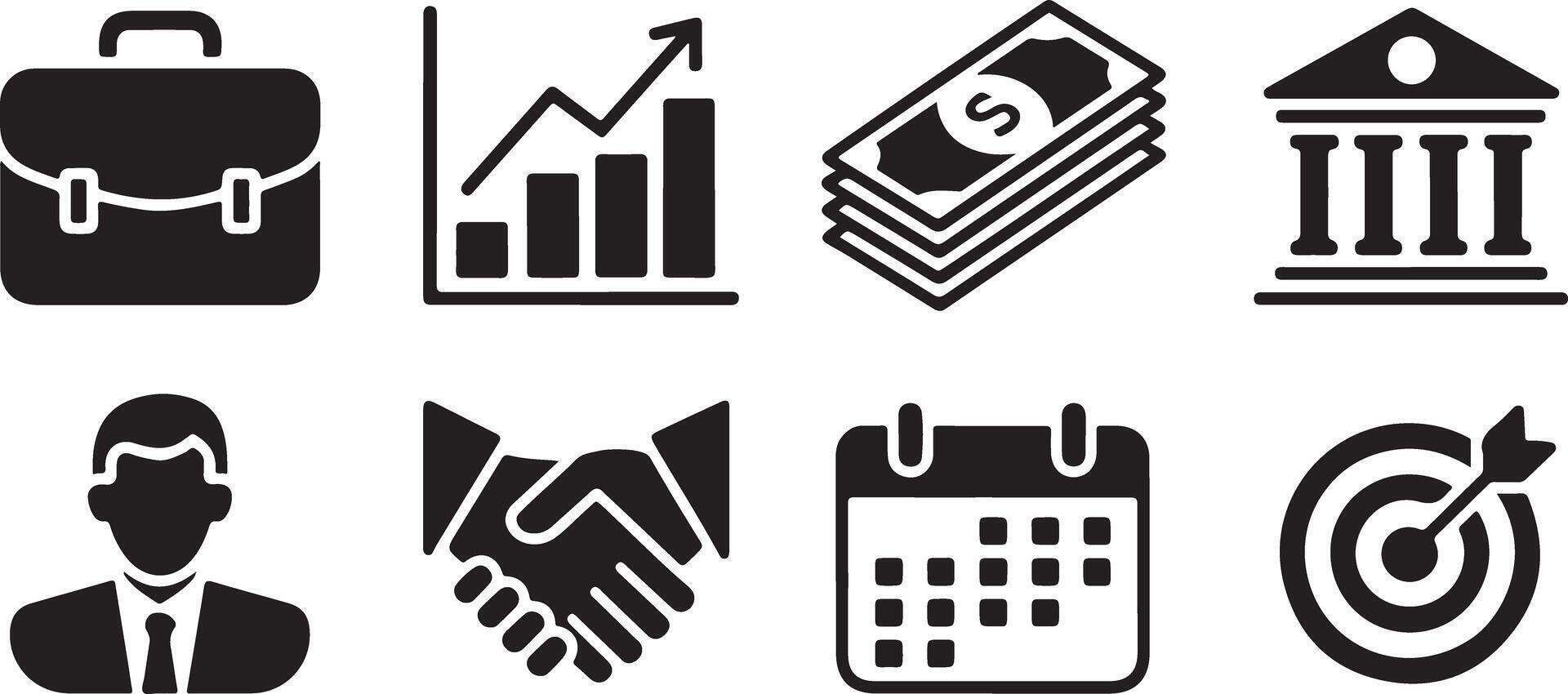 Eight Monochrome Glyph Icons Depicting Business Concepts Including Briefcase Growth Chart Money Bank Building Businessperson Handshake Calendar and Target vector