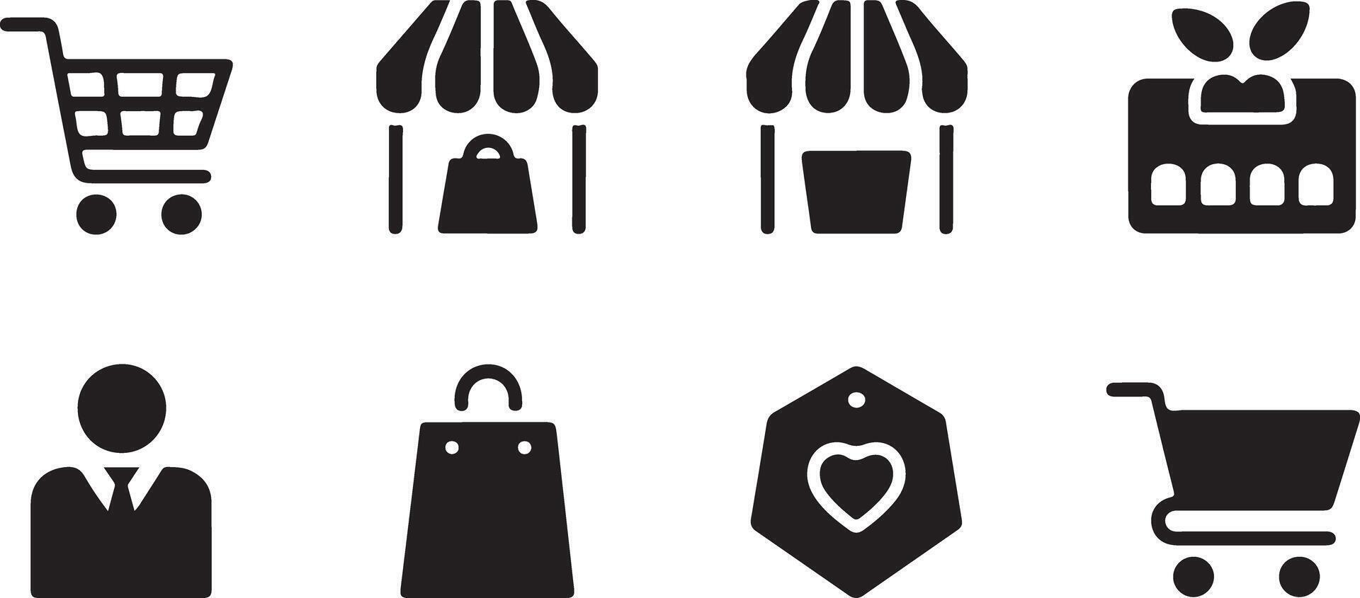 Eight Black Glyph Icons Depicting Shopping Retail Concepts Including Shopping Carts Shopping Bags Store Canopies and a Customer Service Icon vector