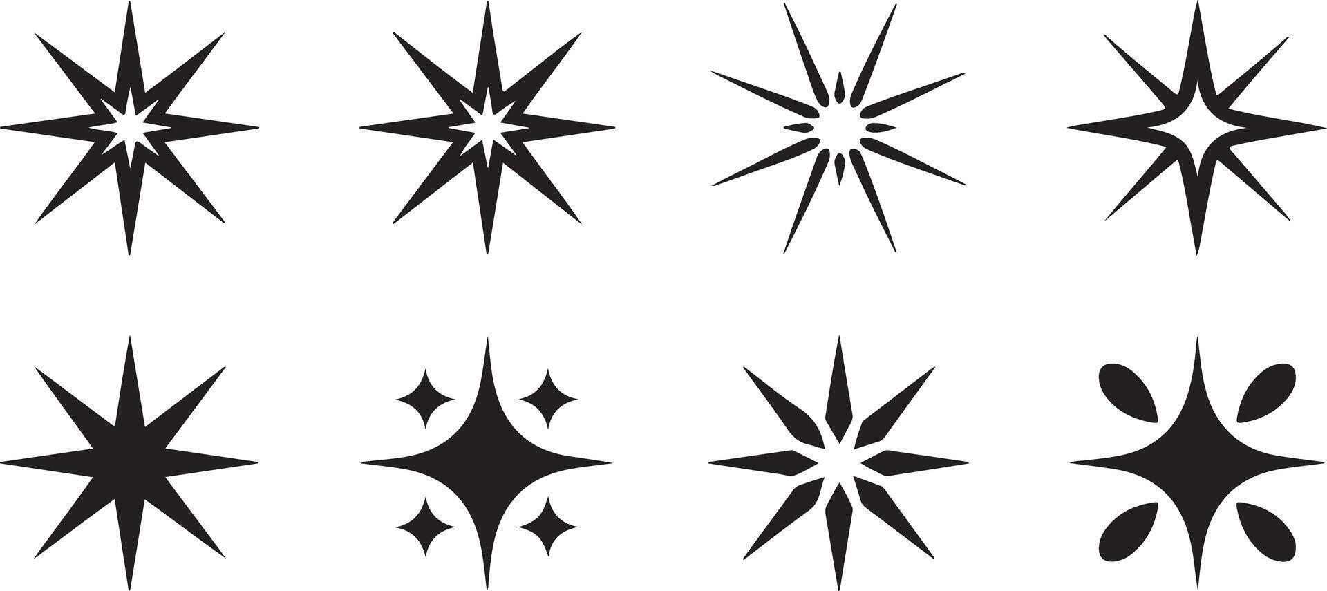 Collection of Eight Retro Futuristic Sparkle Icons Black and White Starburst Designs Geometric Shapes Graphic Elements for Digital Design Projects vector