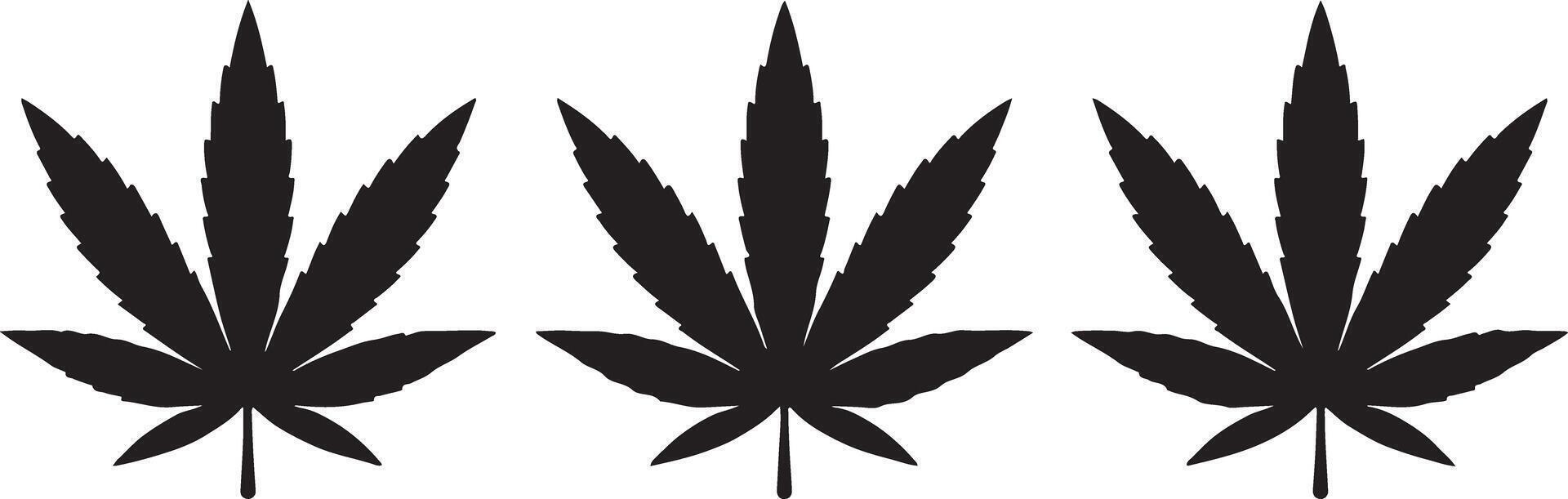 Three Black Silhouettes of Cannabis Leaves Isolated on White Background Simple Graphic Design Element for Medical Marijuana Hemp Industry Branding vector