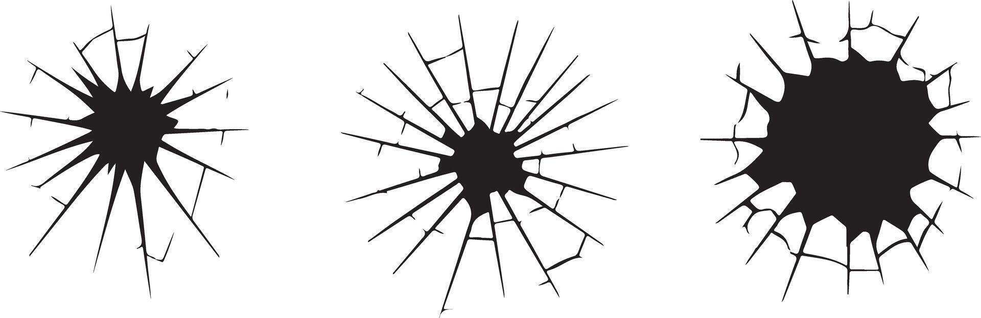 Three Black Silhouettes of Shattered Glass with Irregular Cracks and Starburst Patterns on White Background vector