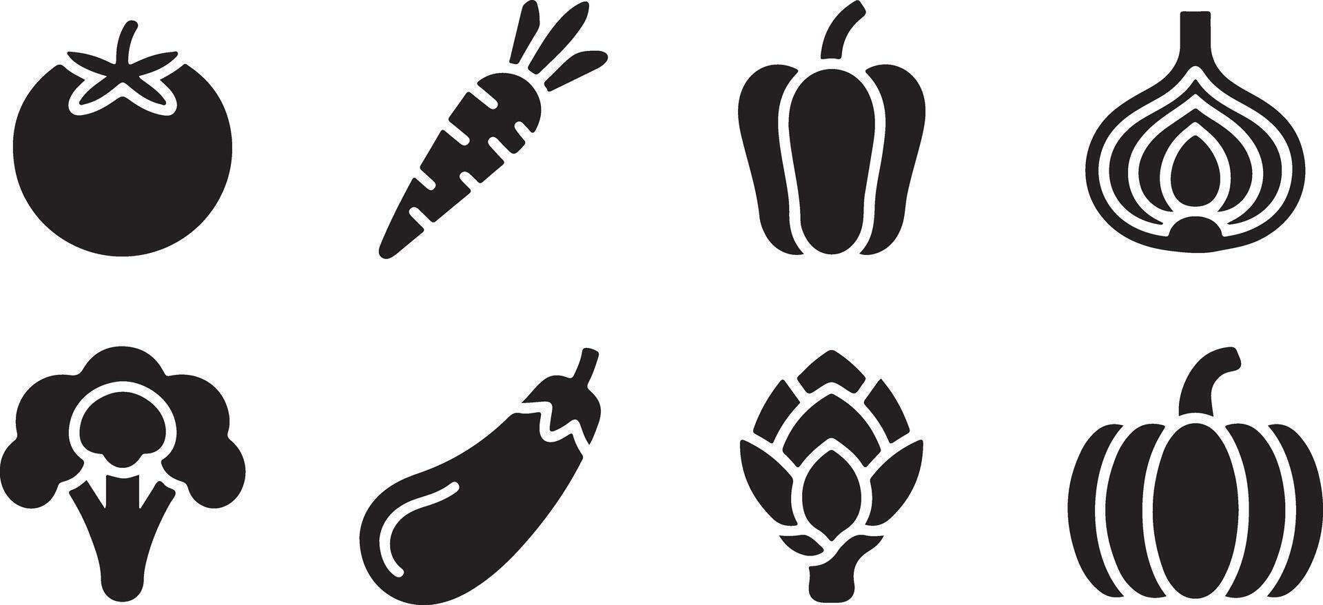 Black and White Vegetable Glyph Icon Set featuring Tomato Carrot Bell Pepper Onion Broccoli Eggplant Artichoke and Pumpkin vector