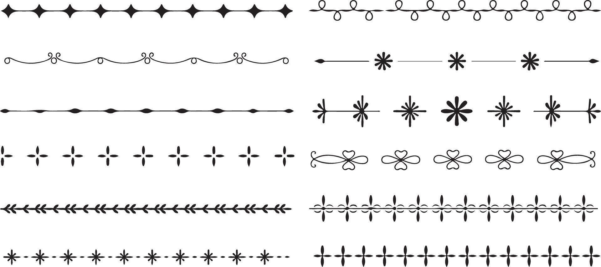 Black Silhouette Traced Decorative Borders Set Ten Rows of Ornamental Line Dividers Geometric Floral Swirls and Flowers Repeating Patterns for vector