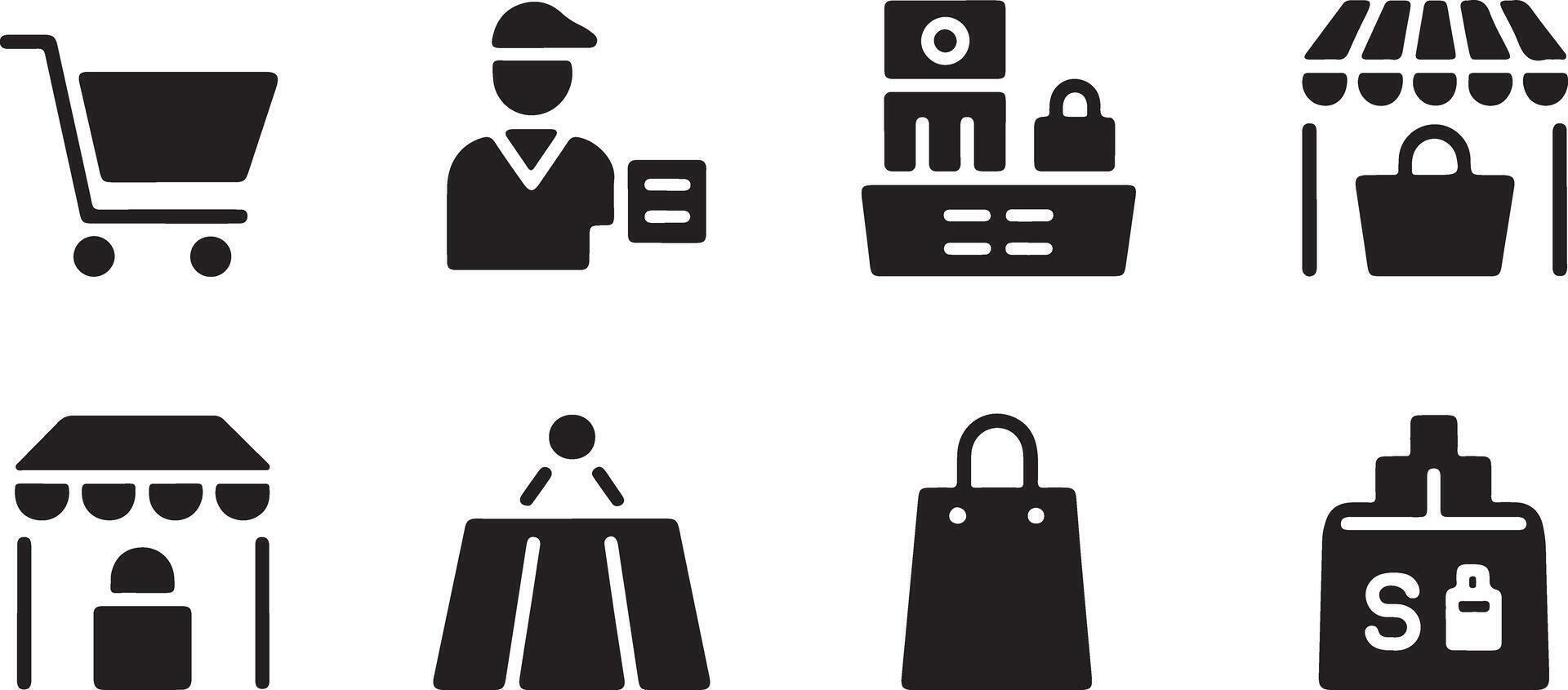 Black Glyph Shopping Retail Icon Set Illustration featuring Shopping Cart Store Clerk Counter Market Stall Shopping Bag and Payment Icons vector