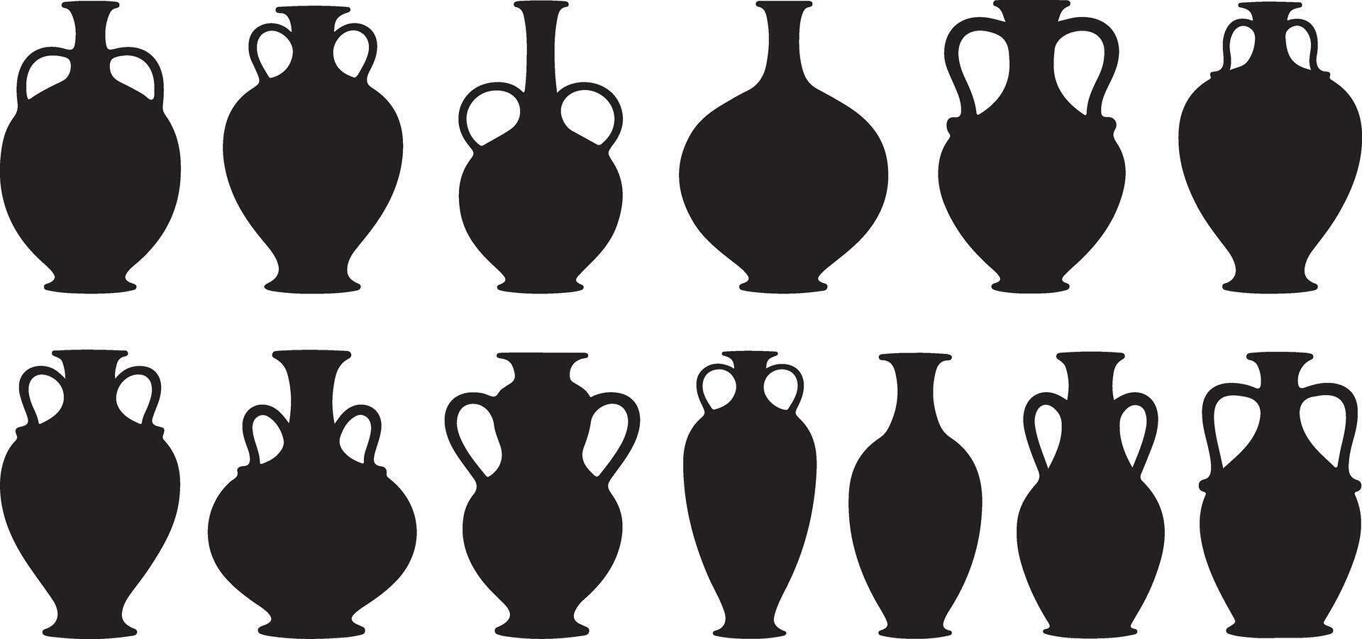 Black Silhouette Illustration of Various Amphoras and Vases Different Shapes and Sizes Ancient Greek Pottery Styles Collection vector