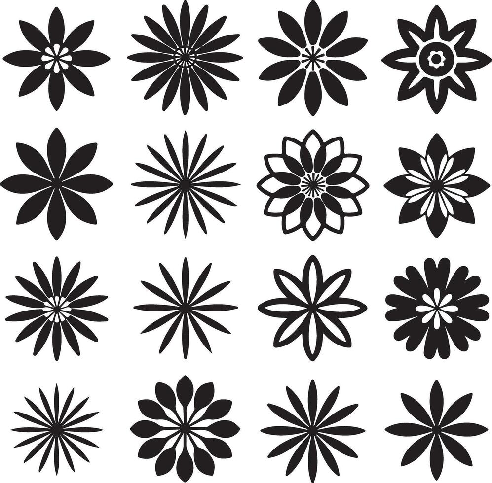 Sixteen Black and White Floral Designs Simple Geometric Flower Icons Set Circular Symmetrical Patterns Graphic Elements for Branding Decoration vector