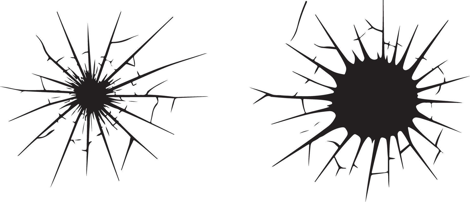 Two Black Silhouettes of Shattered Glass with Irregular Cracks Radiating from Central Points on White Background vector