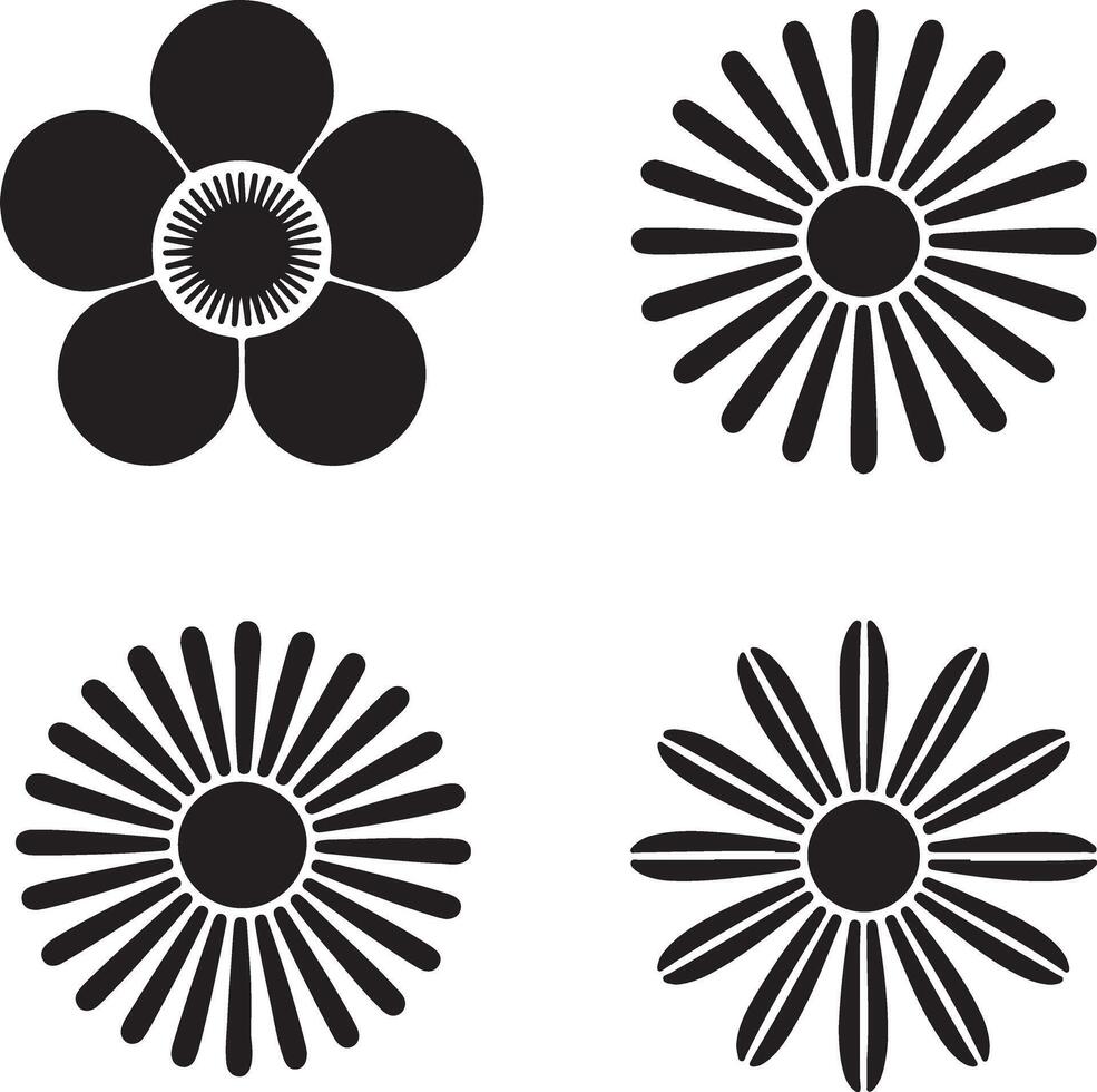 Black Flower Icon Set Four Simple Black Floral Designs Isolated on White Background Graphic Elements for Branding Decoration and Design Projects vector