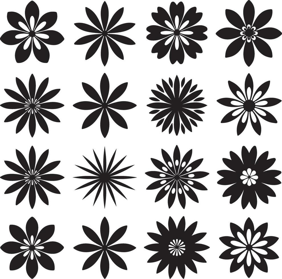 Sixteen Black and White Floral Designs Simple Geometric Flower Icons Set Graphic Elements for Print and Web Use vector