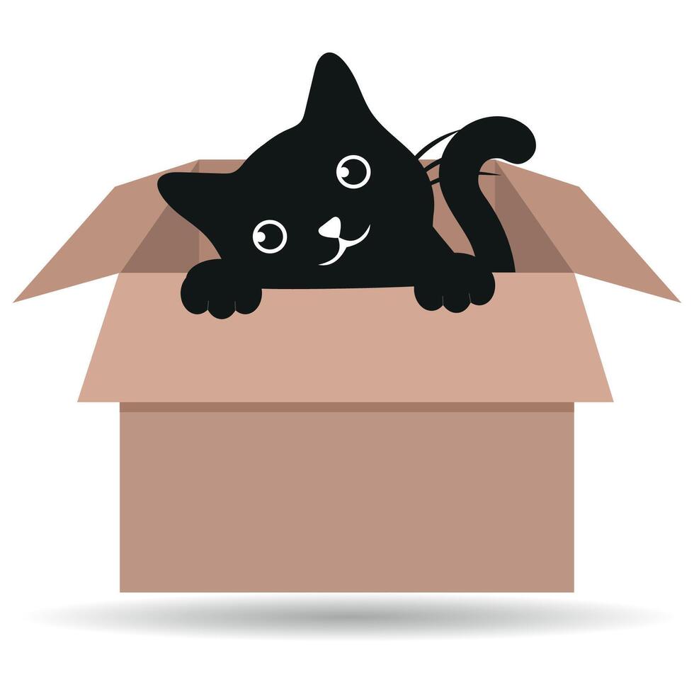 Illustration of cute black cat in cardboard box vector