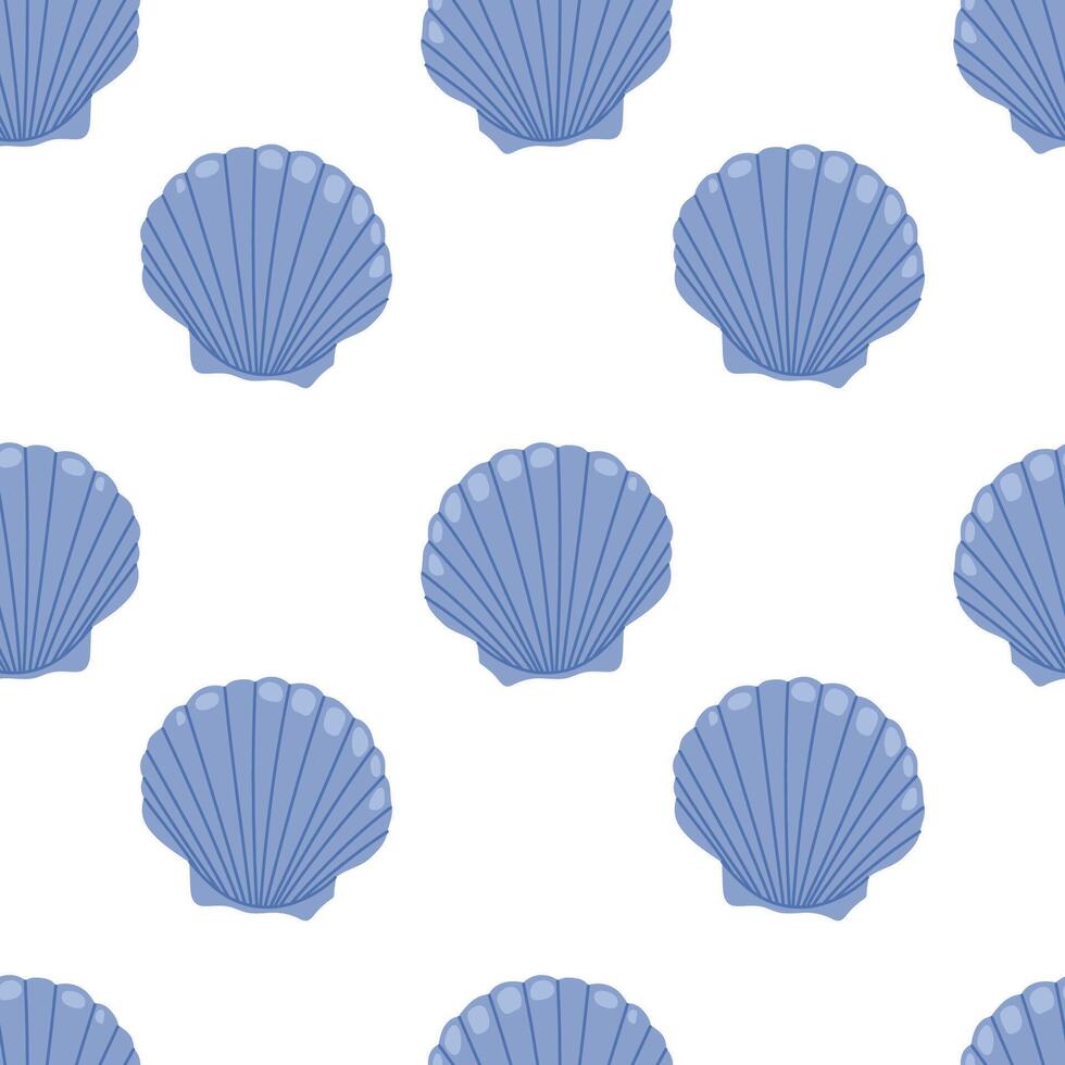 Sea shell scallop. Seamless pattern with blue seashells on white background. For summer textiles and beach designs. vector