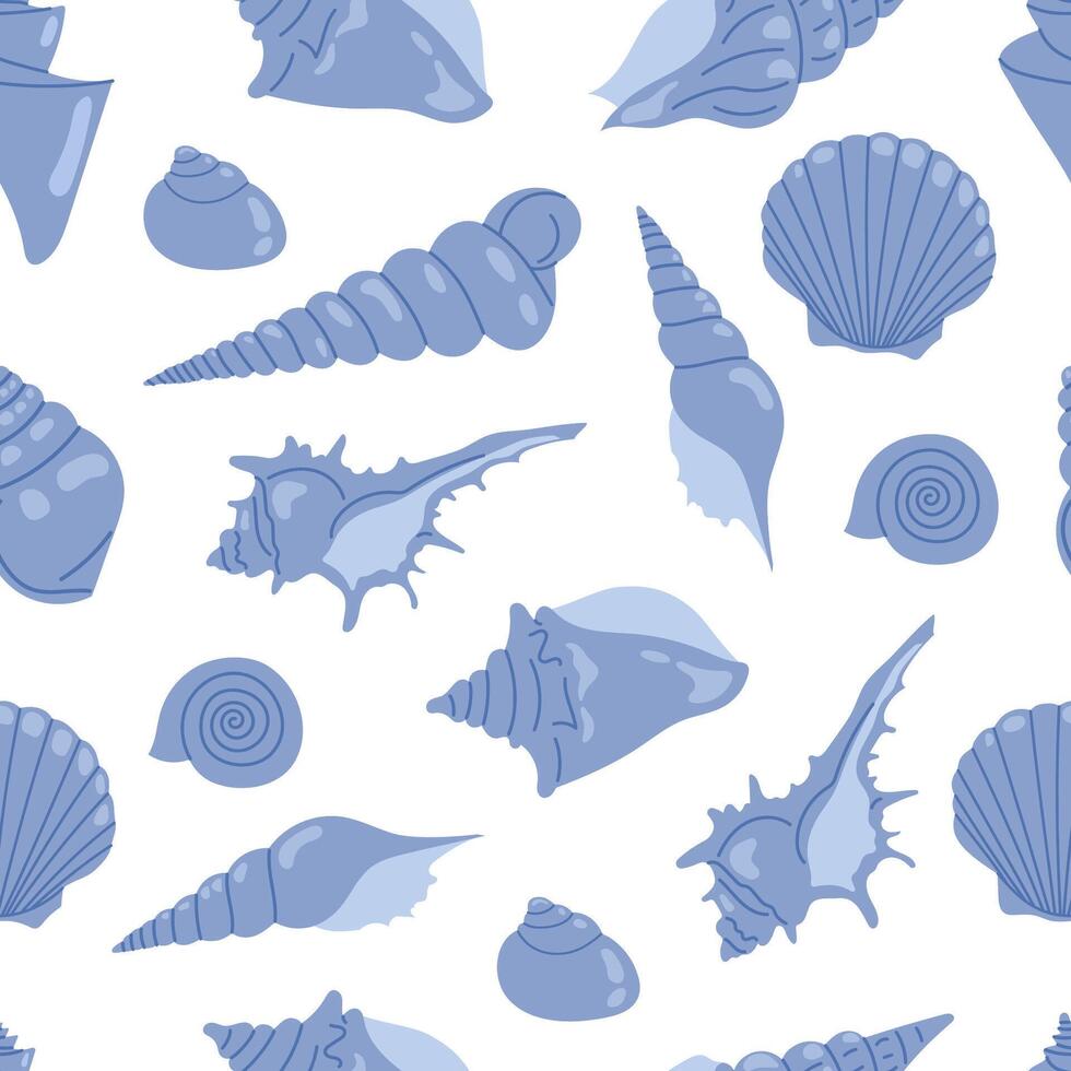 Sea print. Marine seamless pattern with seashells. Tropical vacation, beach and ocean concept. Background perfect for prints, fabric, textile, wallpaper, wrapping vector