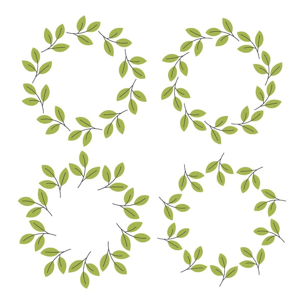 Set round leaf borders for design and decoration. Leaf branch circle frame. For invitations, packaging, greeting cards. vector