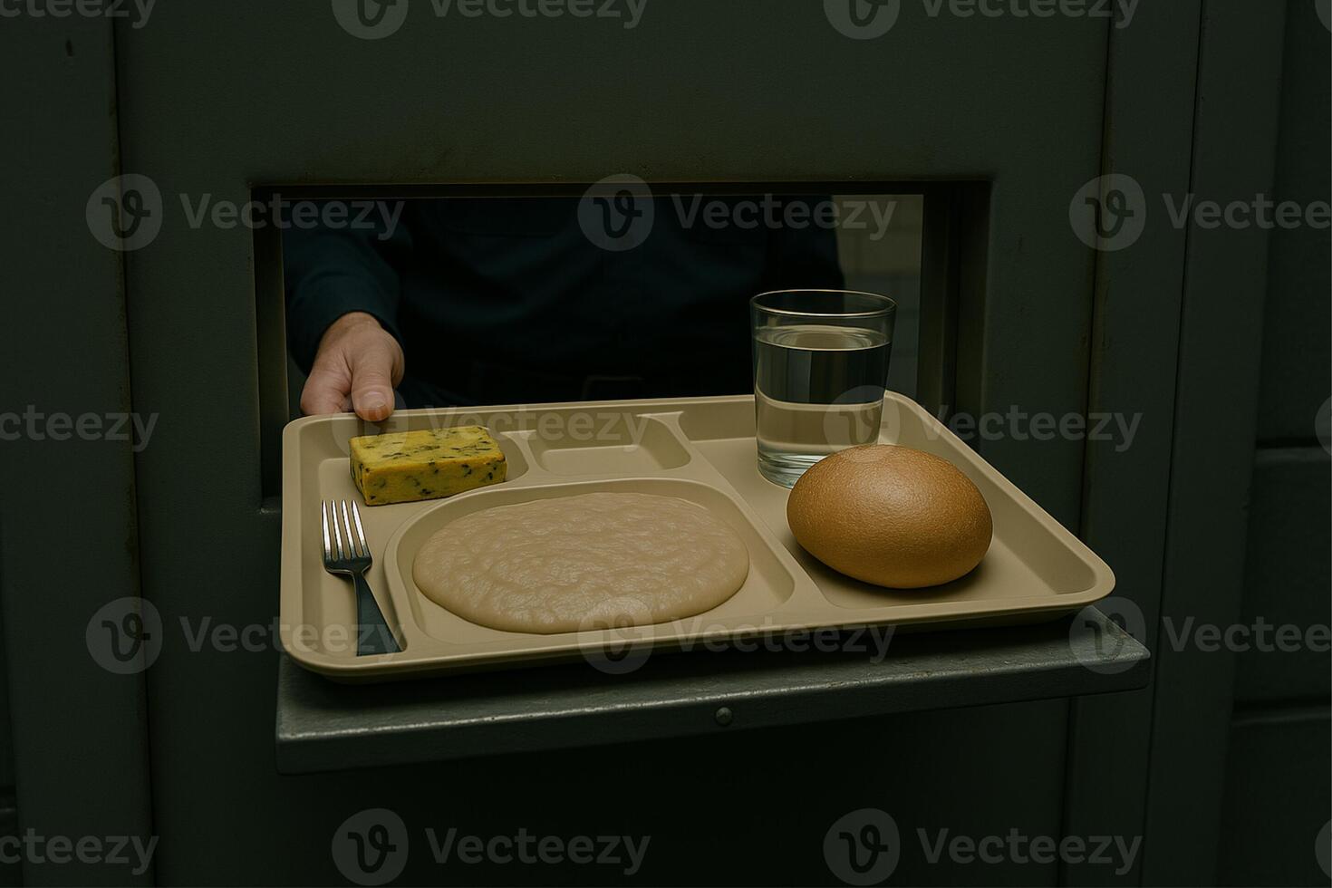 A Warden delivers to the cell's door an unfair, unpalatable meal, with a missing side-dish and a missing Spoon, on a food tray at the Solitary Confinement Prison. photo