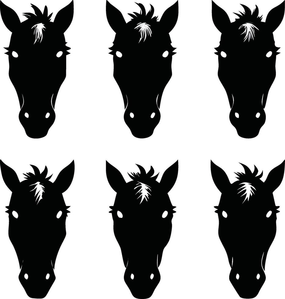 Horse face silhouette bundle set A collection of 9 black horse face silhouettes vector