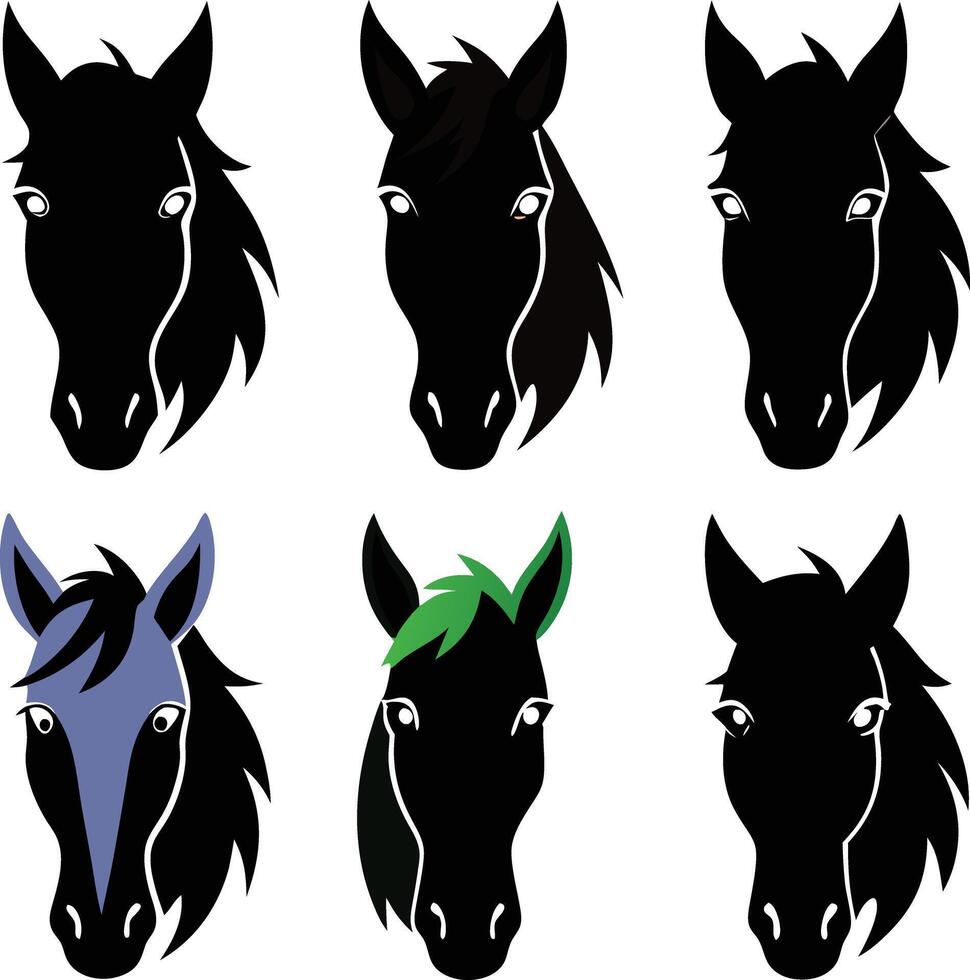 Horse face silhouette bundle set A collection of 9 black horse face silhouettes in various vector