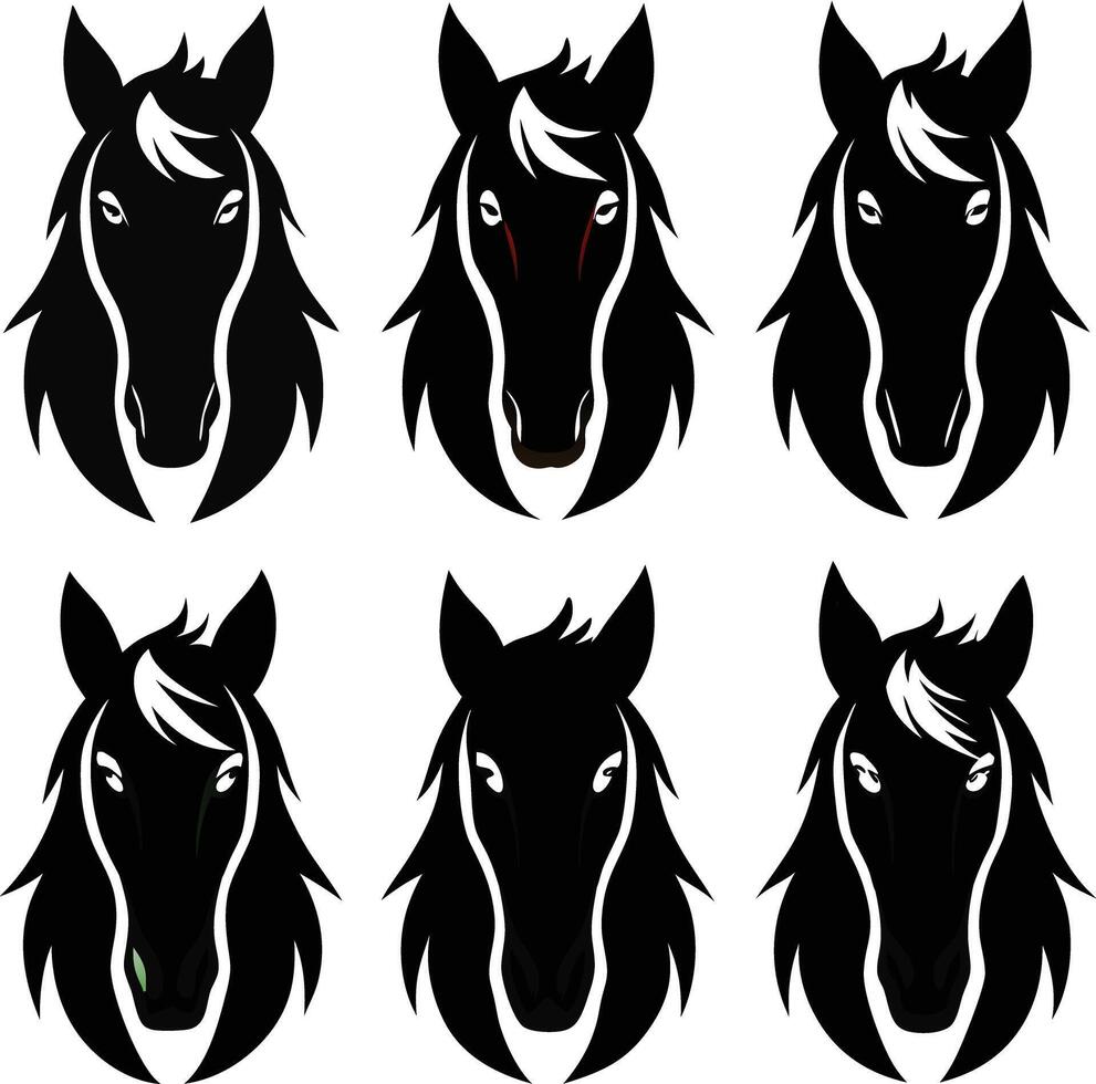 Horse face silhouette bundle set A collection of 9 black horse face silhouettes in various poses, vector