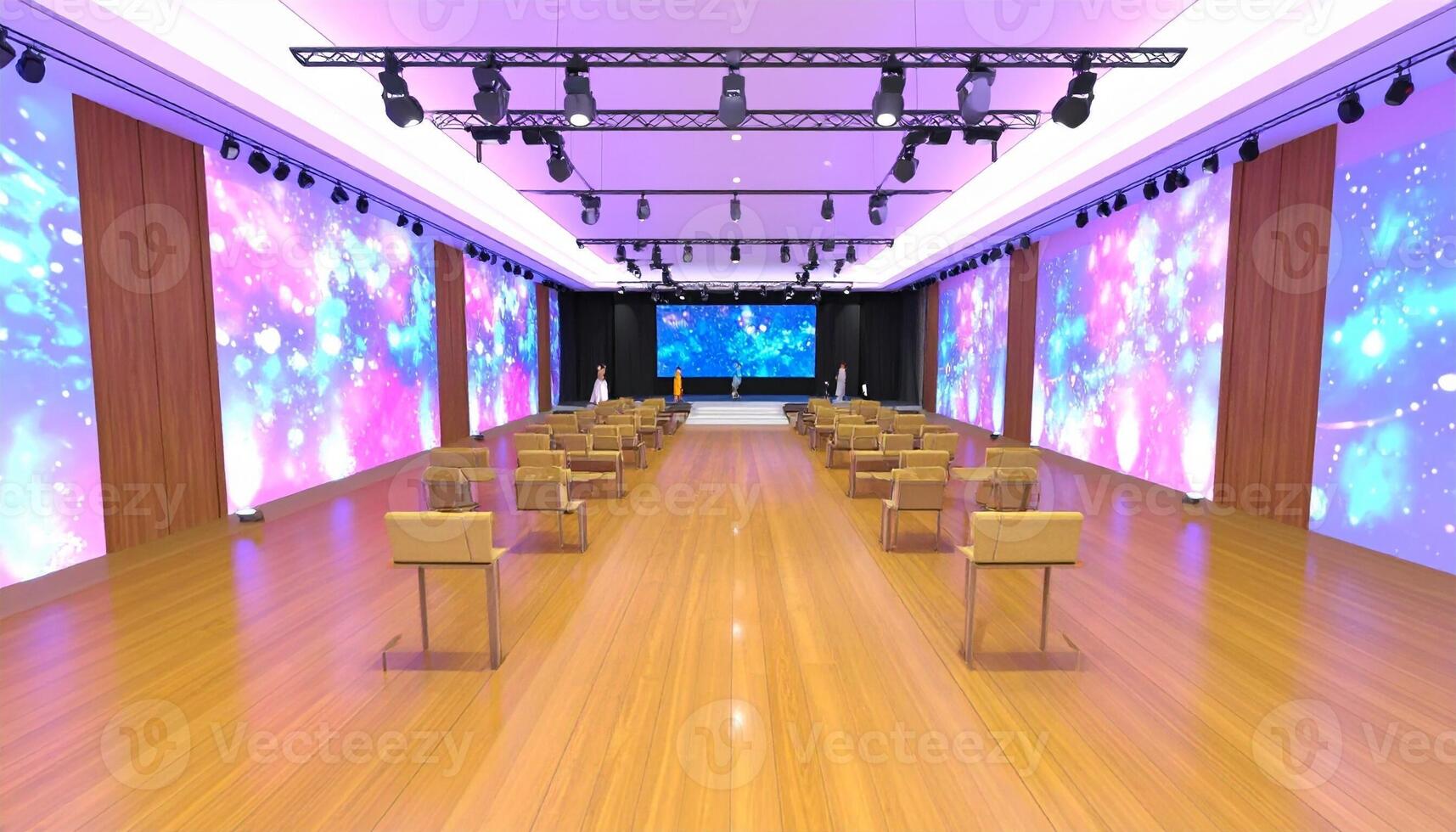 High-Tech Auditorium with Glowing Cosmic LED Walls and Symmetrical Seating photo