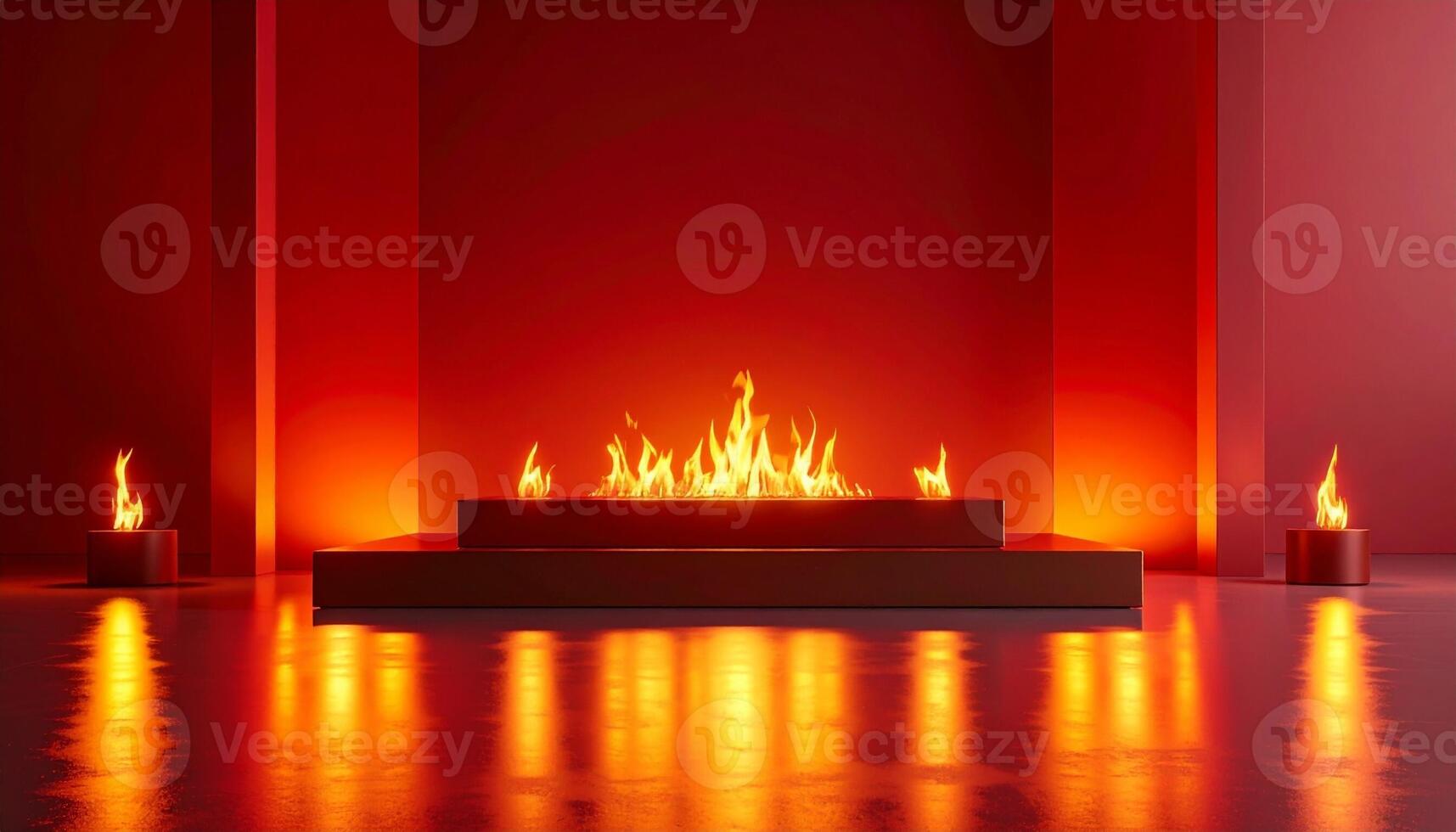 Symmetrical Fire Altar Glowing in a Minimalist Monochromatic Red Room photo