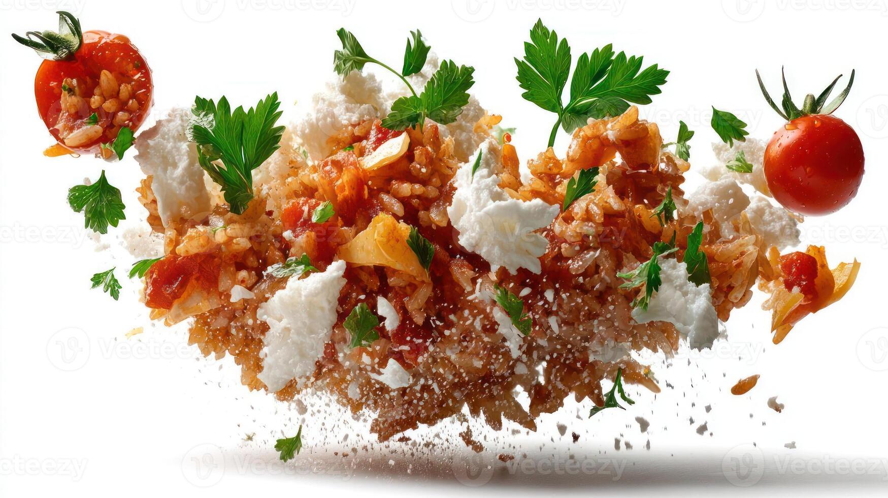 A pile of food with tomatoes and cheese photo