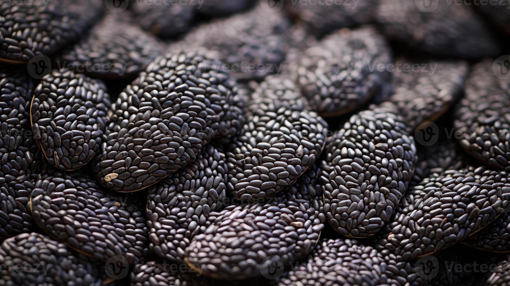 Close-up of black sesame seeds, textured and detailed. photo