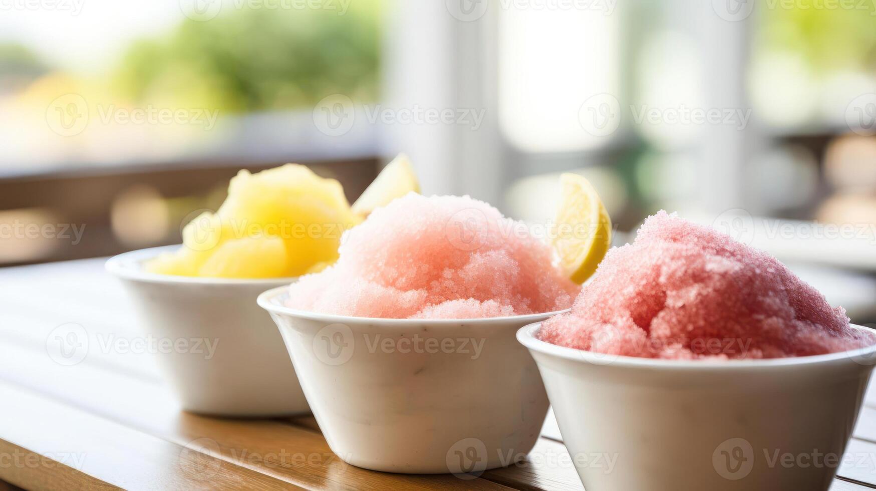 Colorful snow cones with lemon slices in white bowls. photo