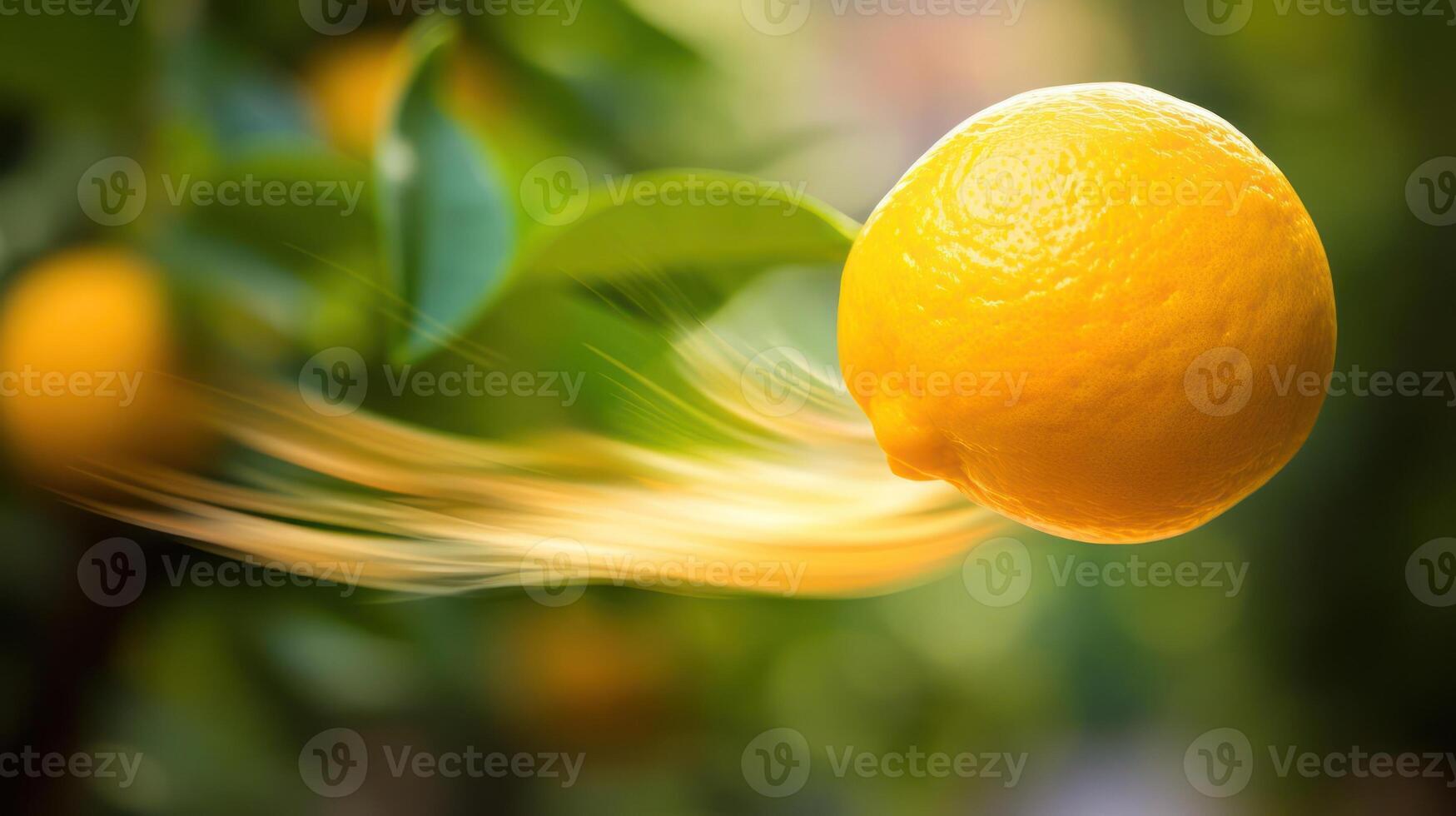 Citrus fruit in motion, vibrant orange, blurred background. photo