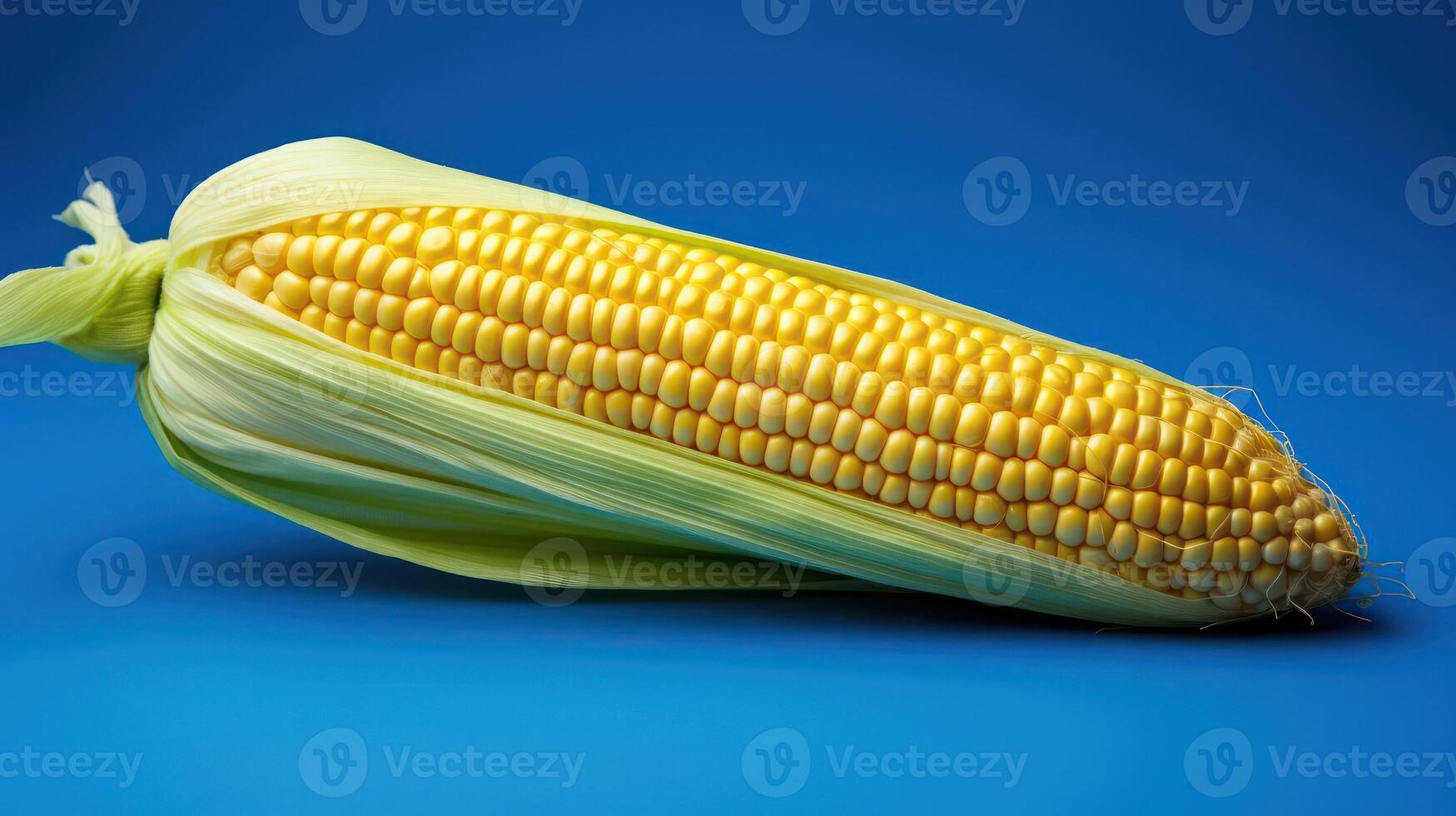 Fresh corn on the cob against a blue background. photo