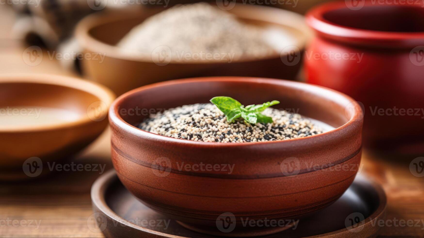 Tiny seedling sprouting in a bowl of seeds. photo