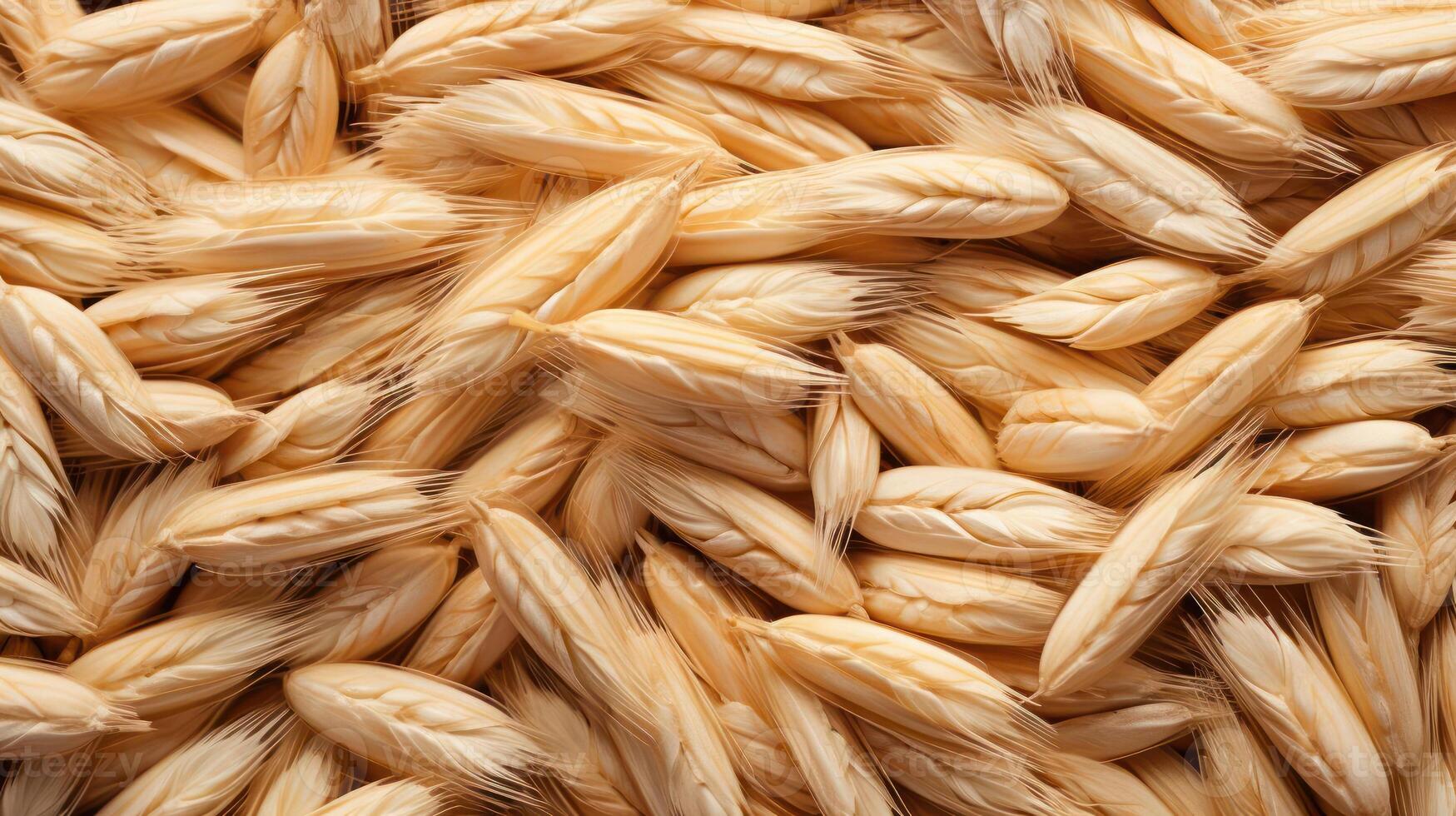 Close-up of ripe wheat grains, golden and textured. photo