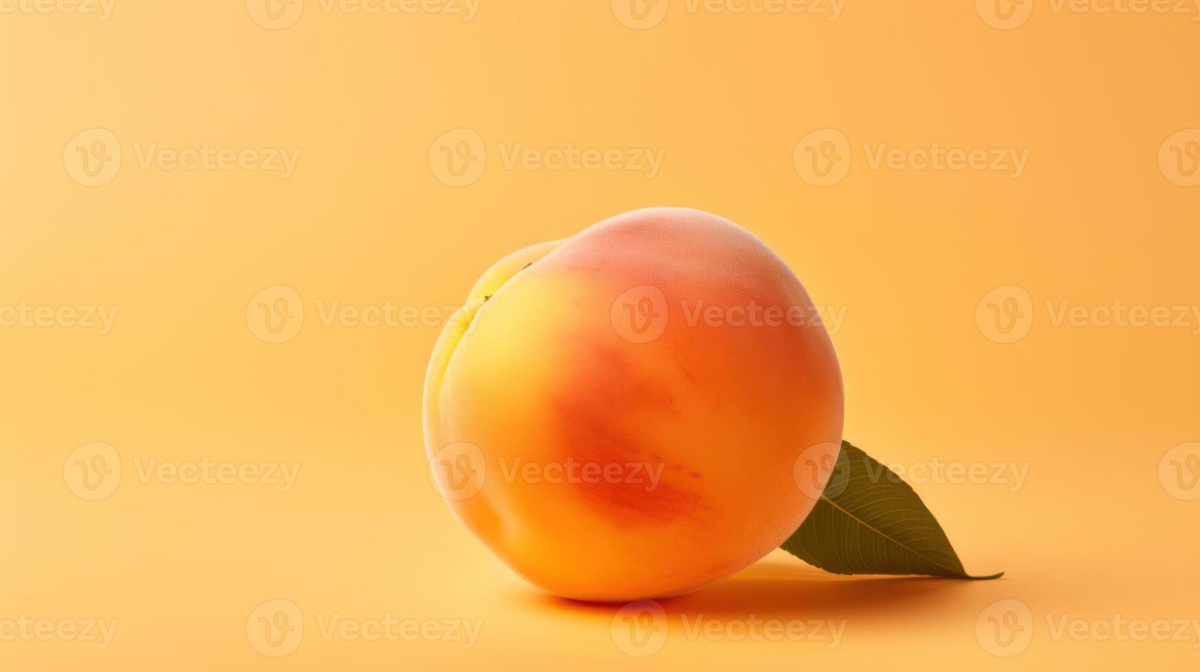 Ripe peach with a vibrant leaf against a yellow background. photo