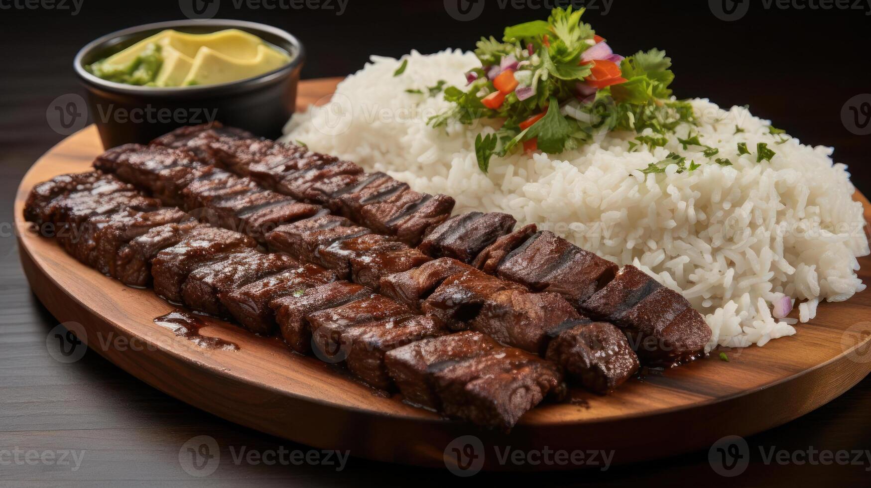 Grilled beef steak served with fluffy rice and herbs. photo