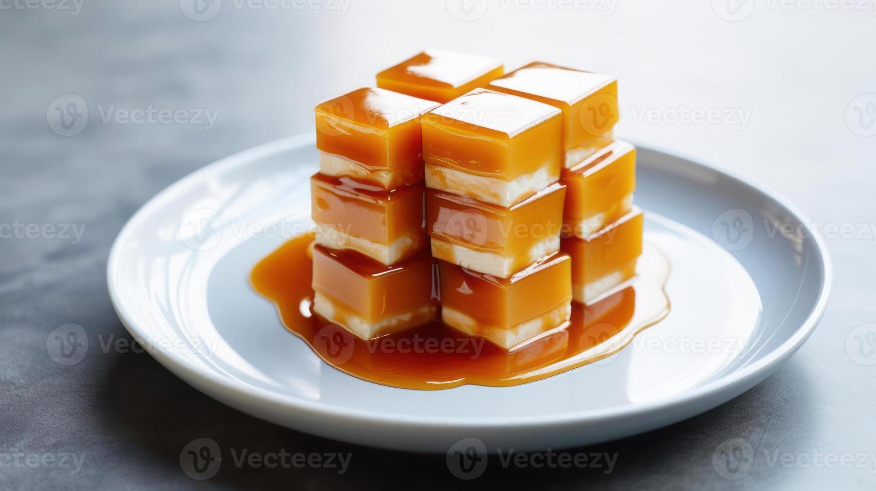 Stacked layered dessert on a plate with caramel sauce. photo