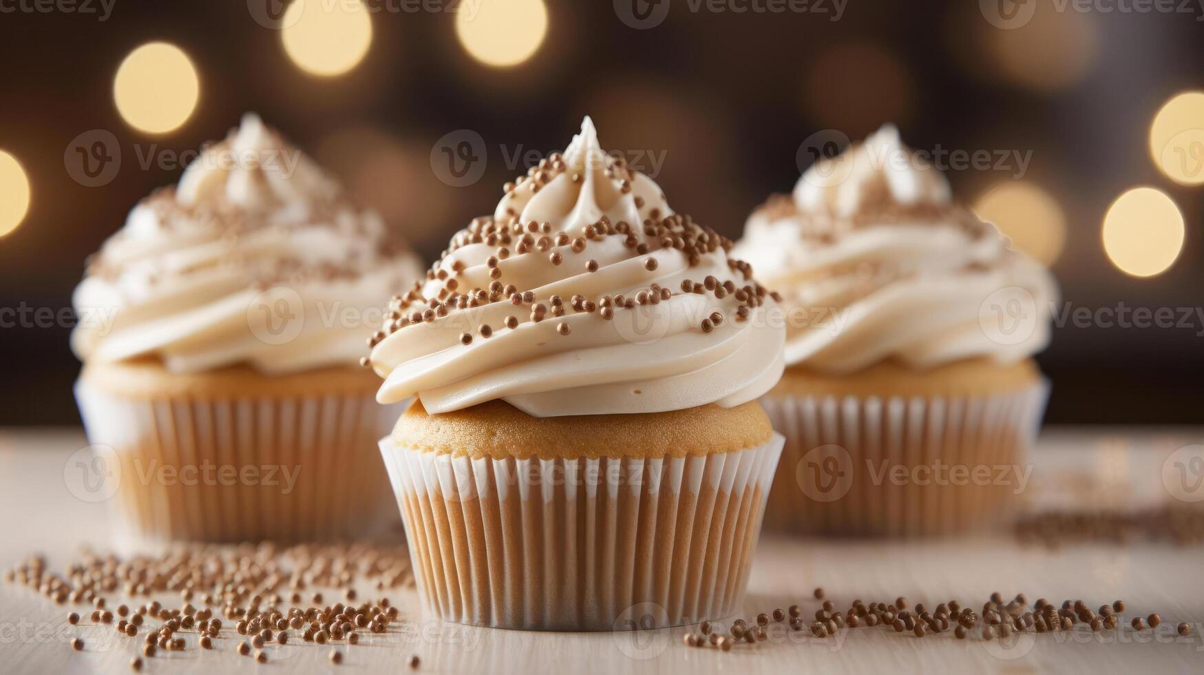 Delicious cupcakes with creamy frosting and sprinkles. photo