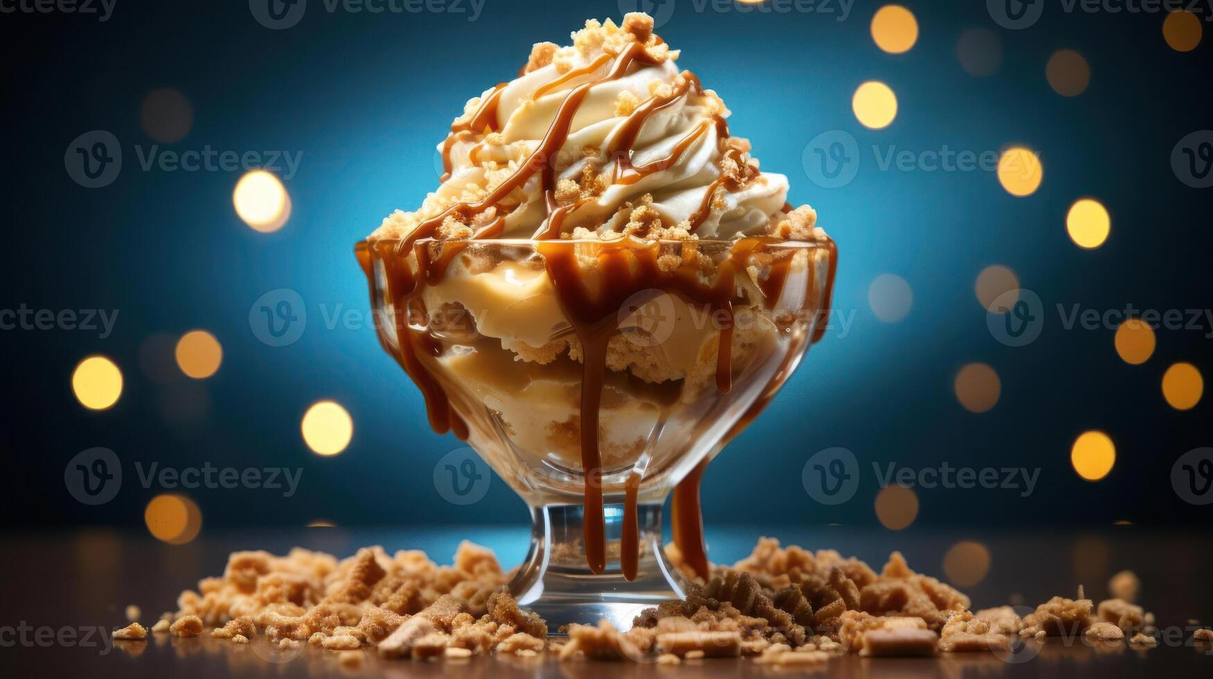 Delicious ice cream sundae with caramel and cookie crumbs. photo