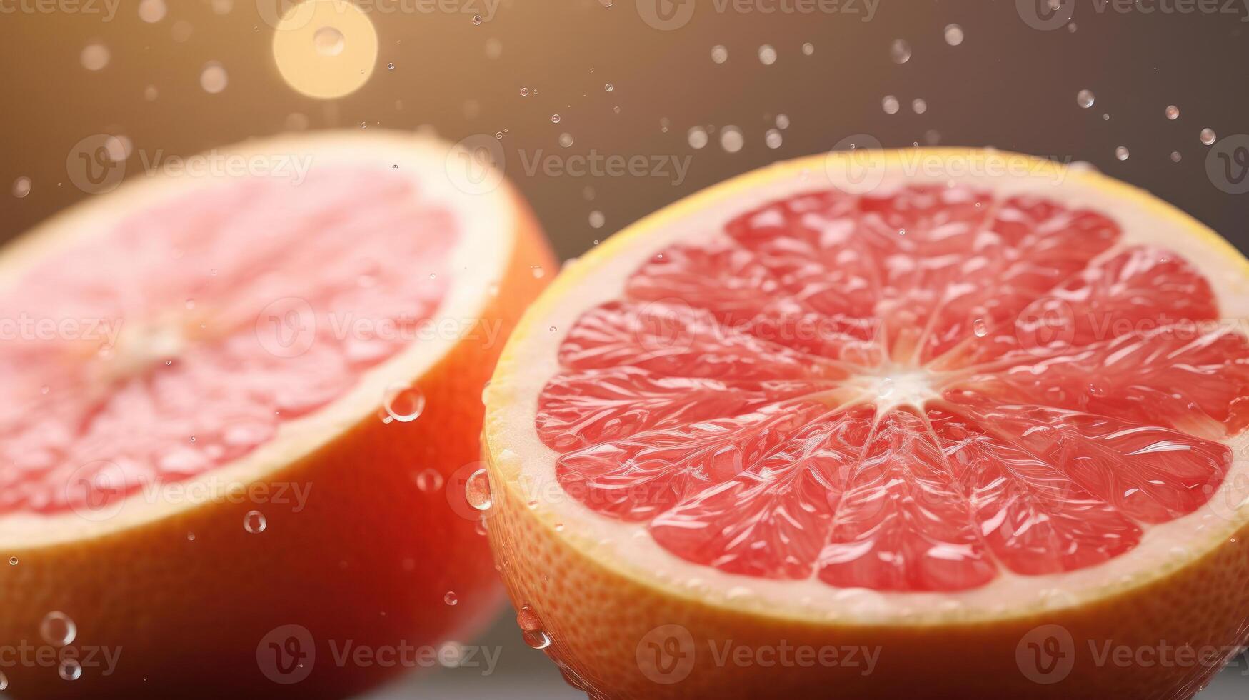 Juicy grapefruit halves with water droplets, vibrant and refreshing. photo