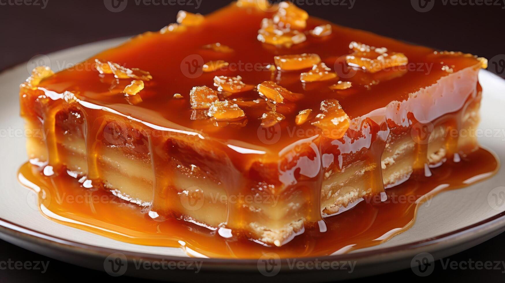 Delicious caramel pecan pie slice on a plate. photo