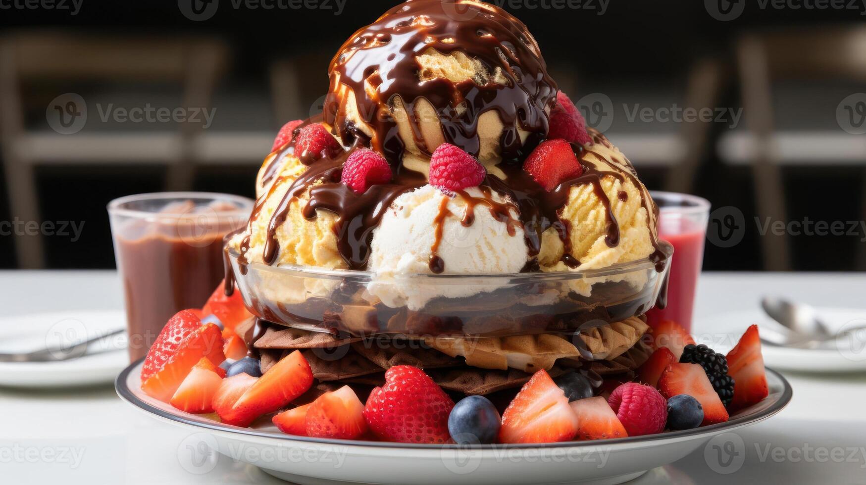 Decadent ice cream sundae with fruit and waffle cone. photo