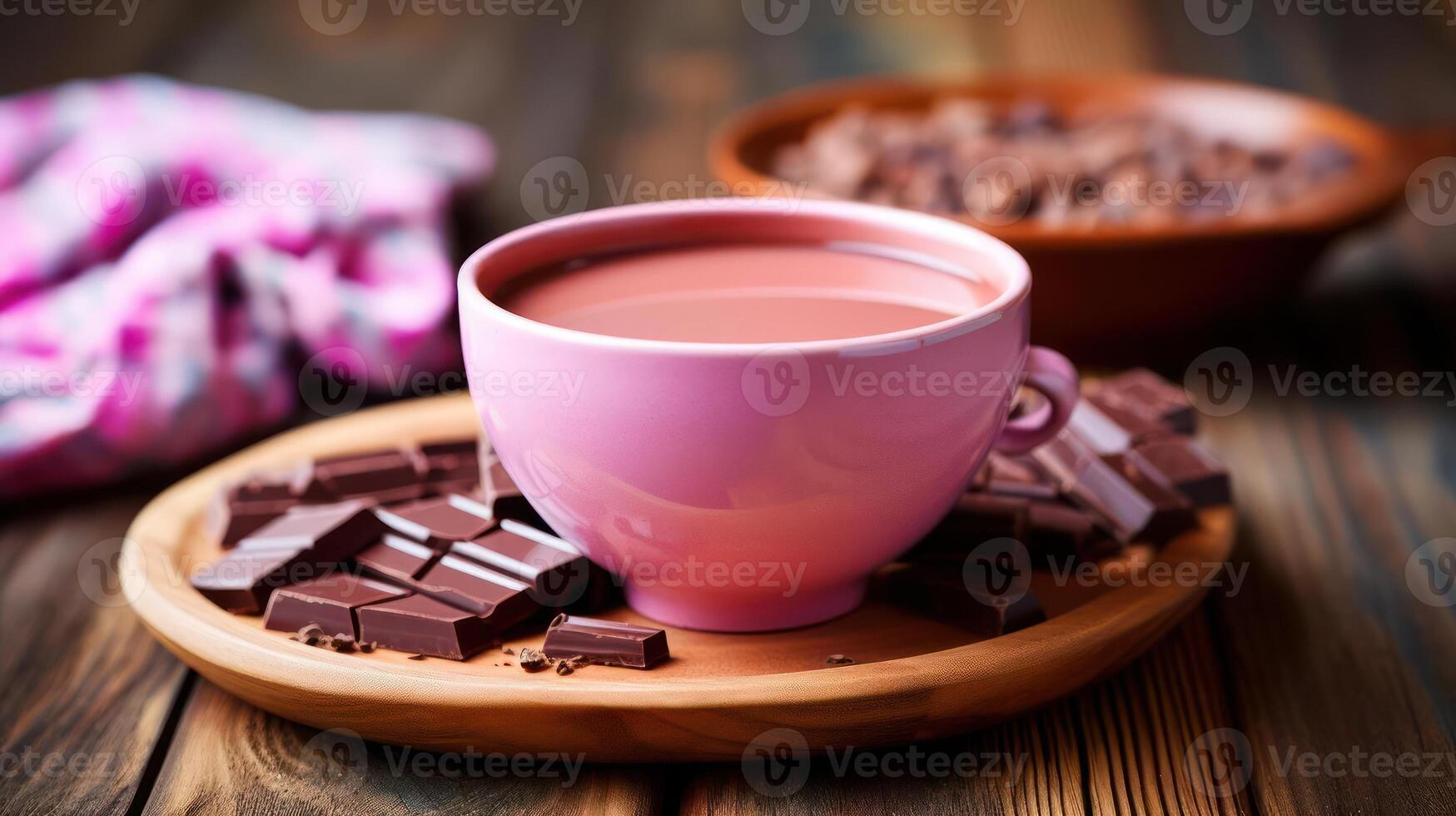 Pink cup of cocoa with chocolate pieces on wooden tray. photo