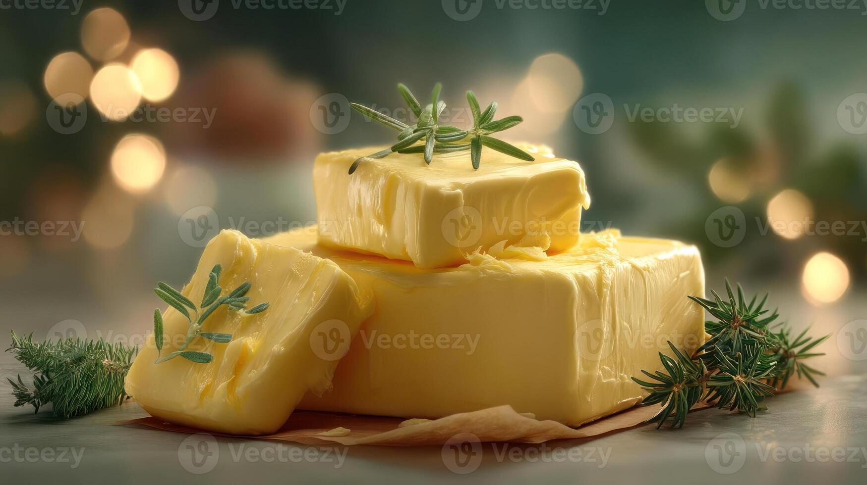 Stacked butter with herbs, warm lighting, festive feel. photo