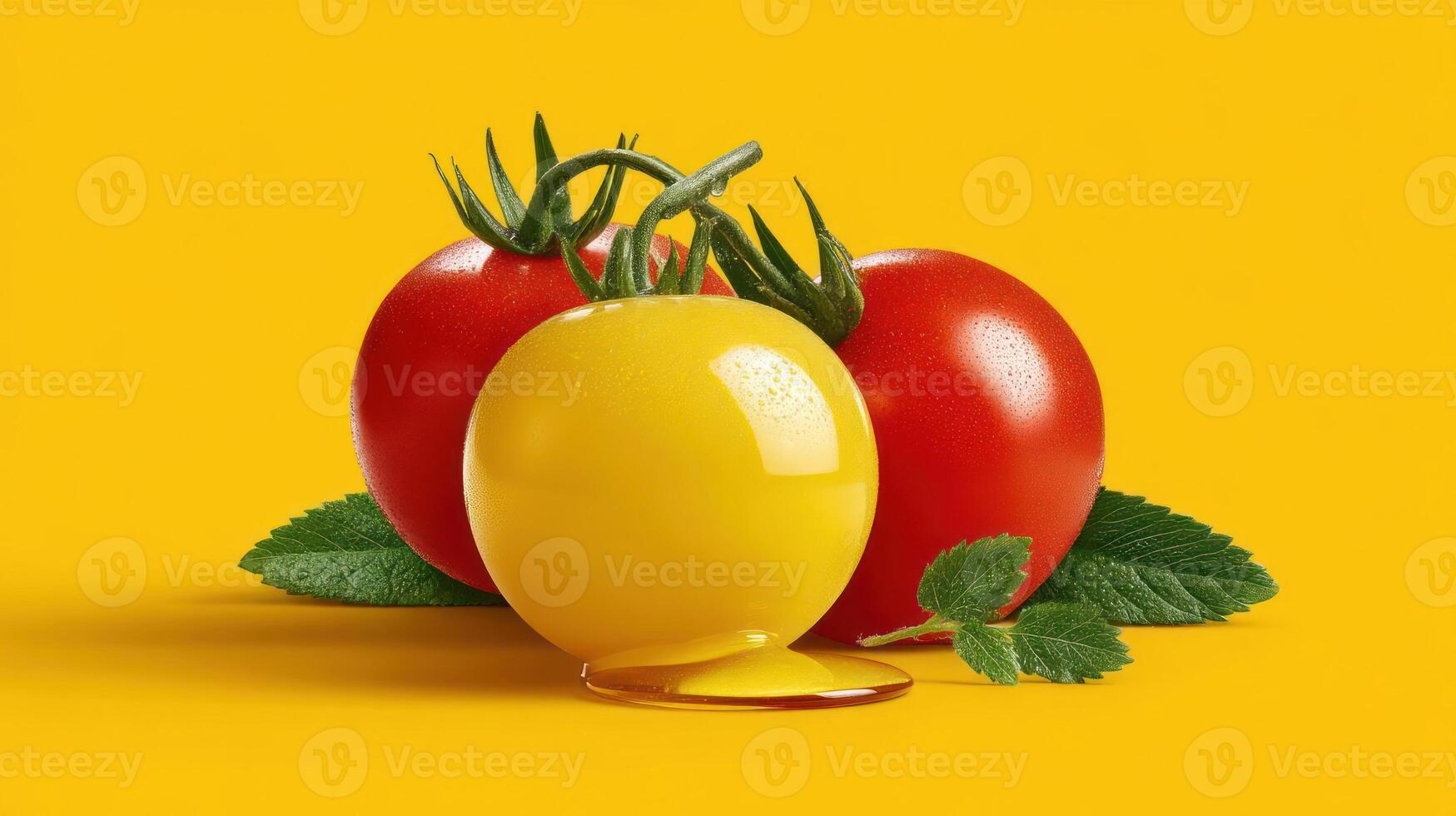 Tomato smoothie with fresh tomatoes and basil leaves. photo