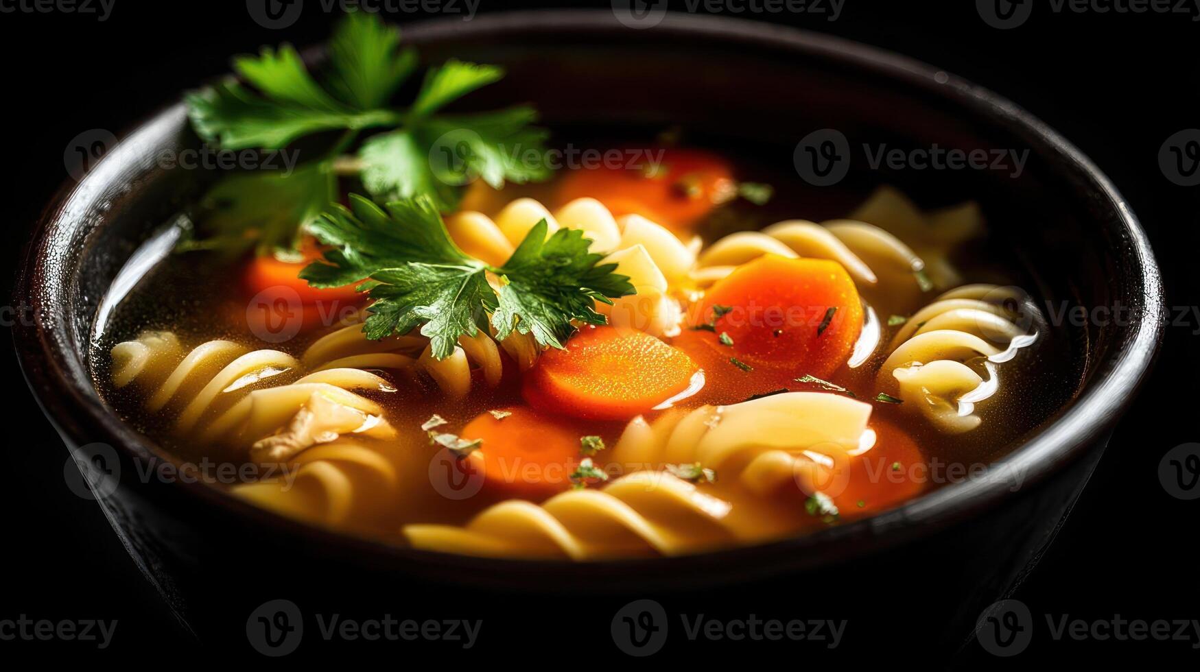 Hearty pasta soup with carrots and parsley. photo